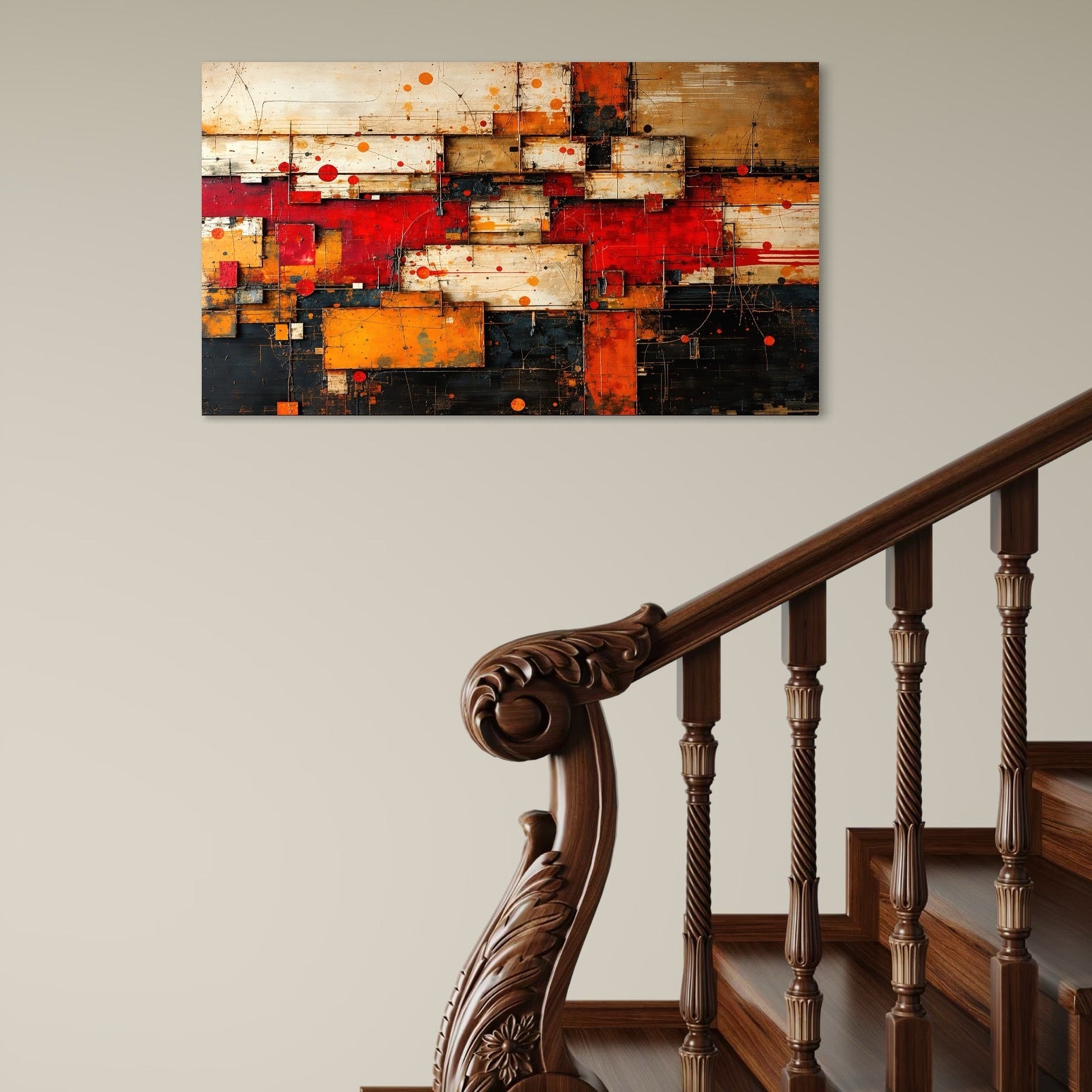 Tablou Canvas Premium, LuxCanva® C1280, Straturi de foc si tacere, Geometrie, Culori, Abstract, Rosu, Ziduri, Foc, Contrast, Urban, Inflacarat, Zgomot, Materie, Arhitectura, Birou, Living, Dormitor