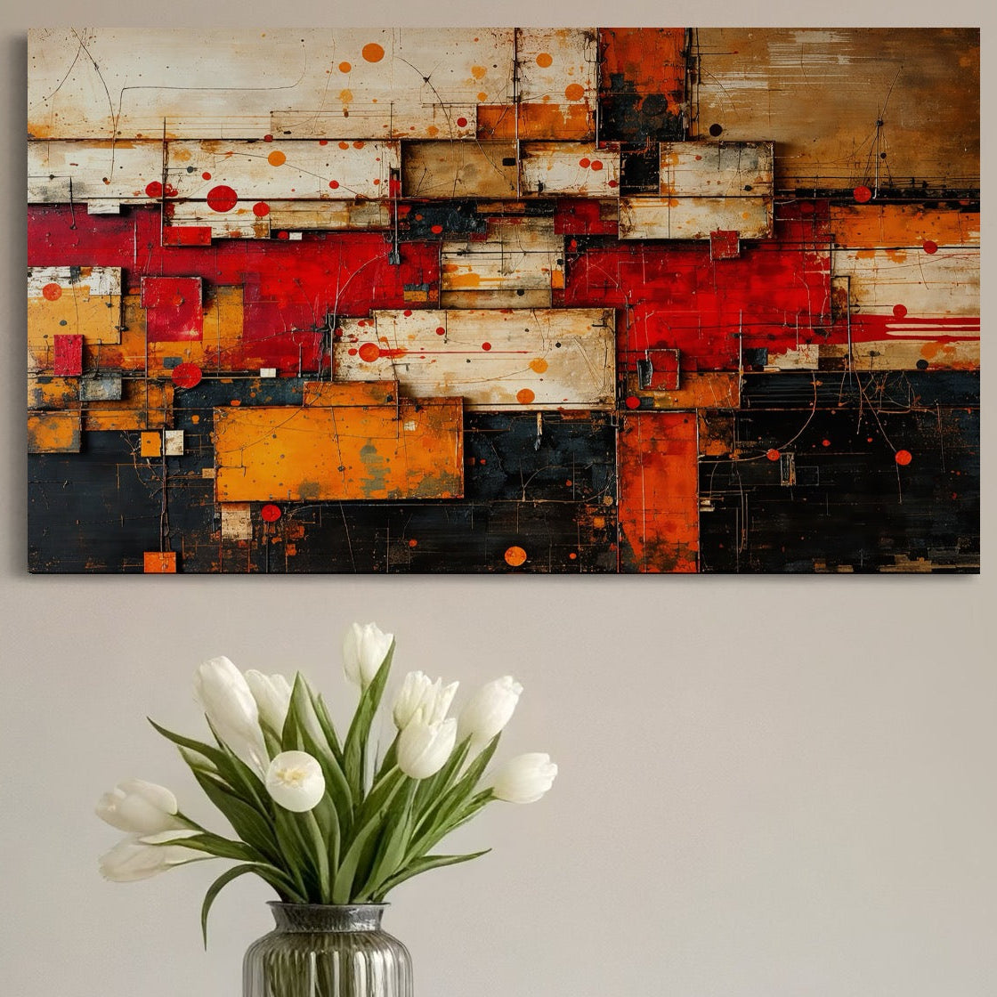 Tablou Canvas Premium, LuxCanva® C1280, Straturi de foc si tacere, Geometrie, Culori, Abstract, Rosu, Ziduri, Foc, Contrast, Urban, Inflacarat, Zgomot, Materie, Arhitectura, Birou, Living, Dormitor