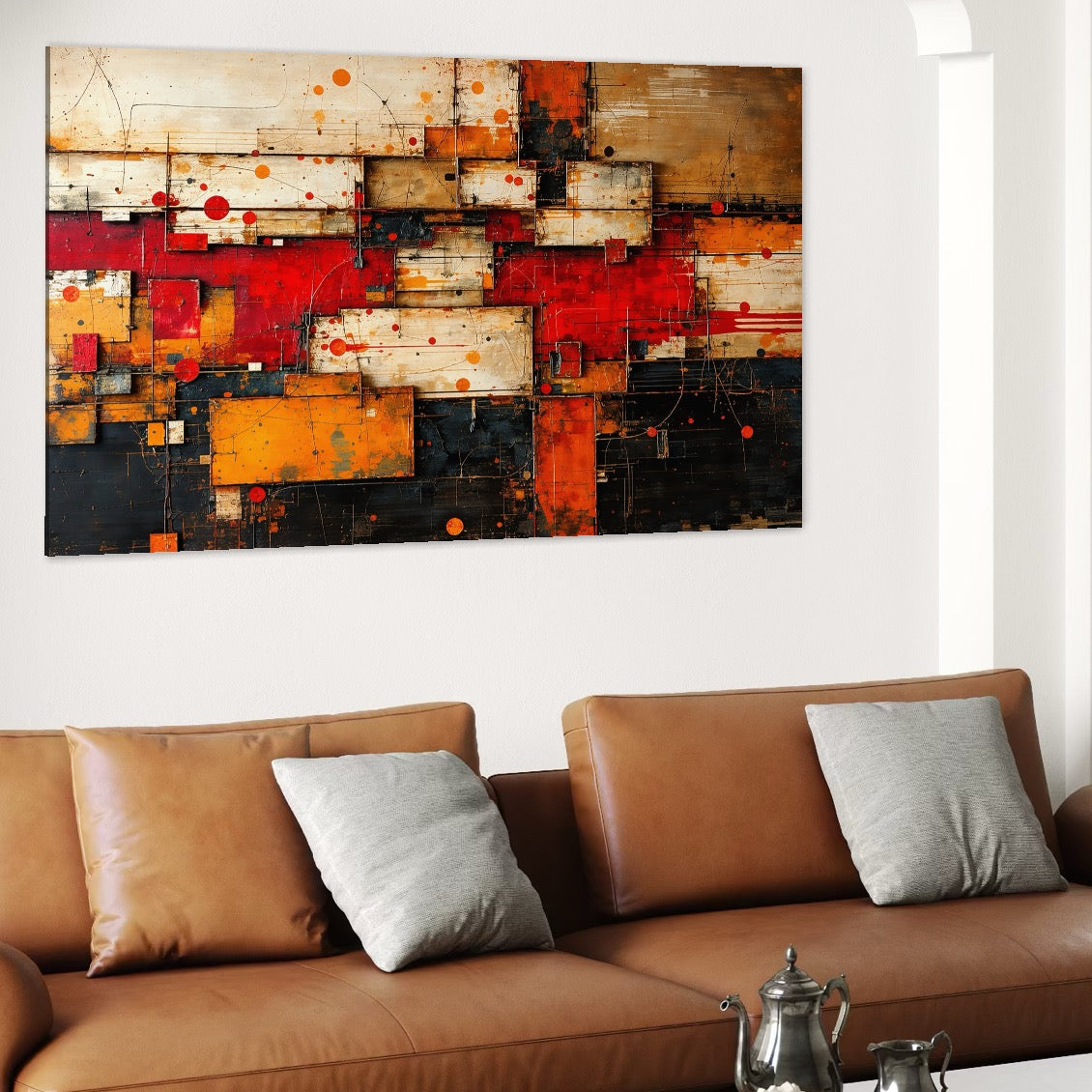 Tablou Canvas Premium, LuxCanva® C1280, Straturi de foc si tacere, Geometrie, Culori, Abstract, Rosu, Ziduri, Foc, Contrast, Urban, Inflacarat, Zgomot, Materie, Arhitectura, Birou, Living, Dormitor