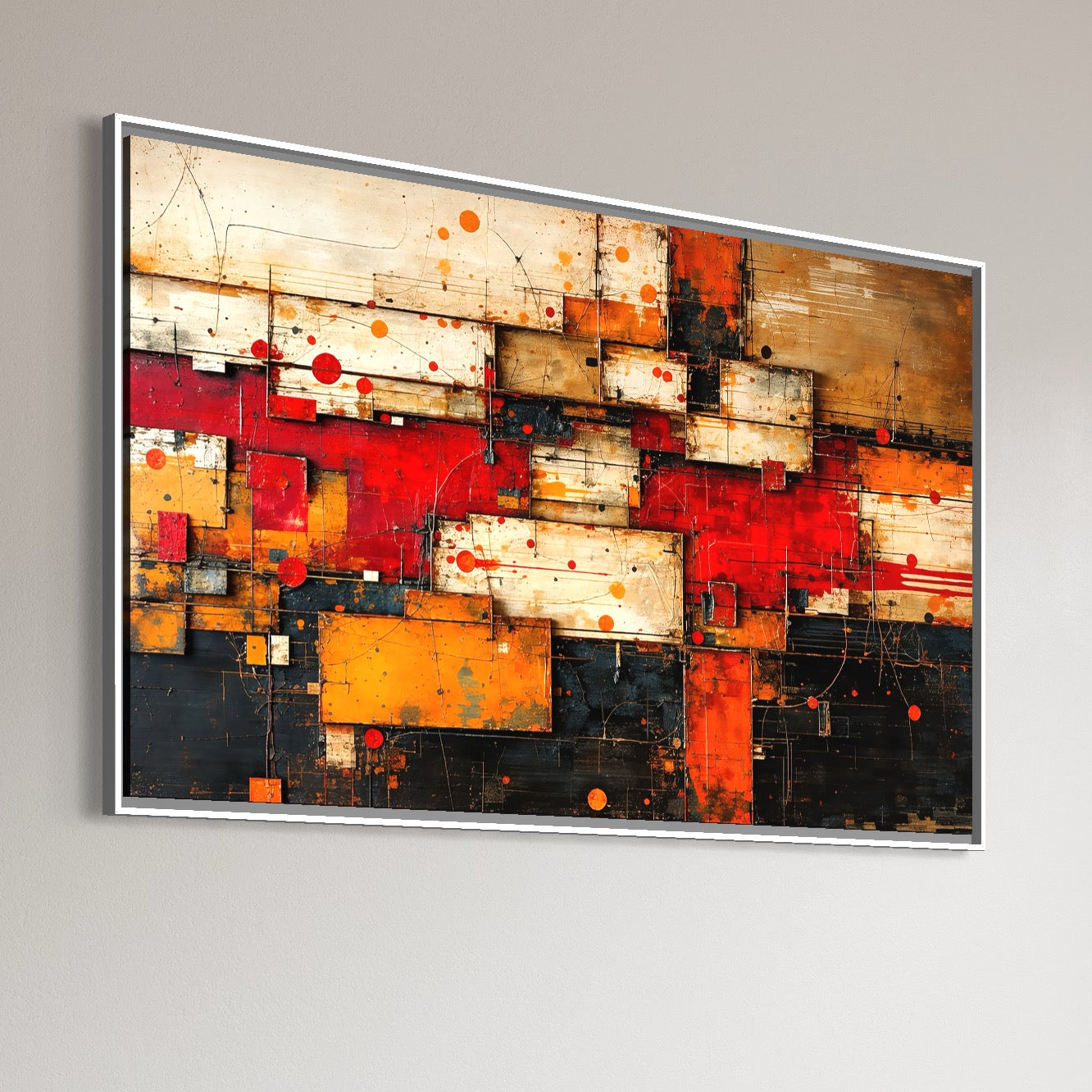 Tablou Canvas Premium, LuxCanva® C1280, Straturi de foc si tacere, Geometrie, Culori, Abstract, Rosu, Ziduri, Foc, Contrast, Urban, Inflacarat, Zgomot, Materie, Arhitectura, Birou, Living, Dormitor