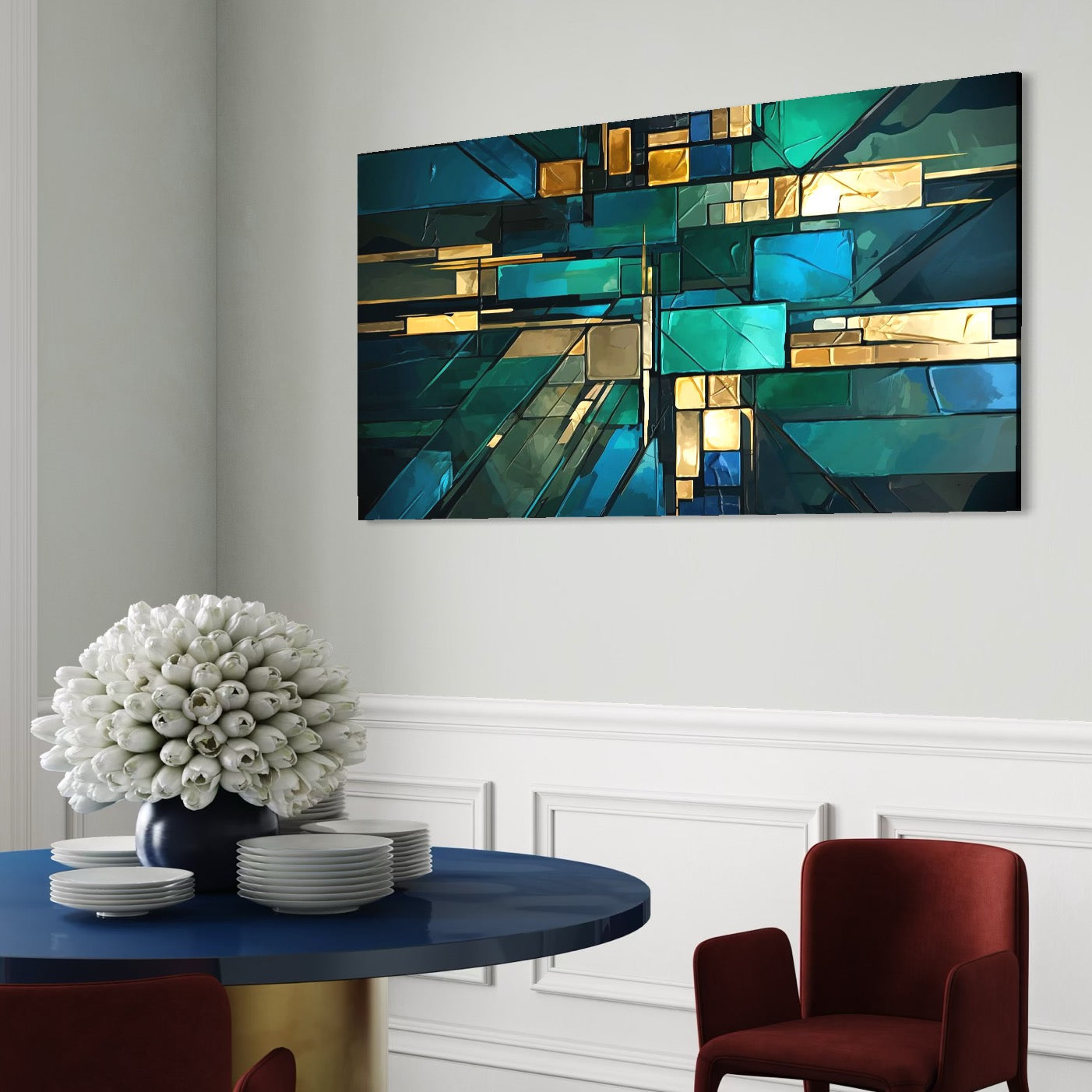 Tablou Canvas Premium, LuxCanva® C1282, Intre adanc si lumina, Geometrie, Culori, Abstract, Cartografiere, Albastru, Ocean, Smarald, Verde, Spatiu, Constructie, Expozitie, Birou, Living, Dormitor