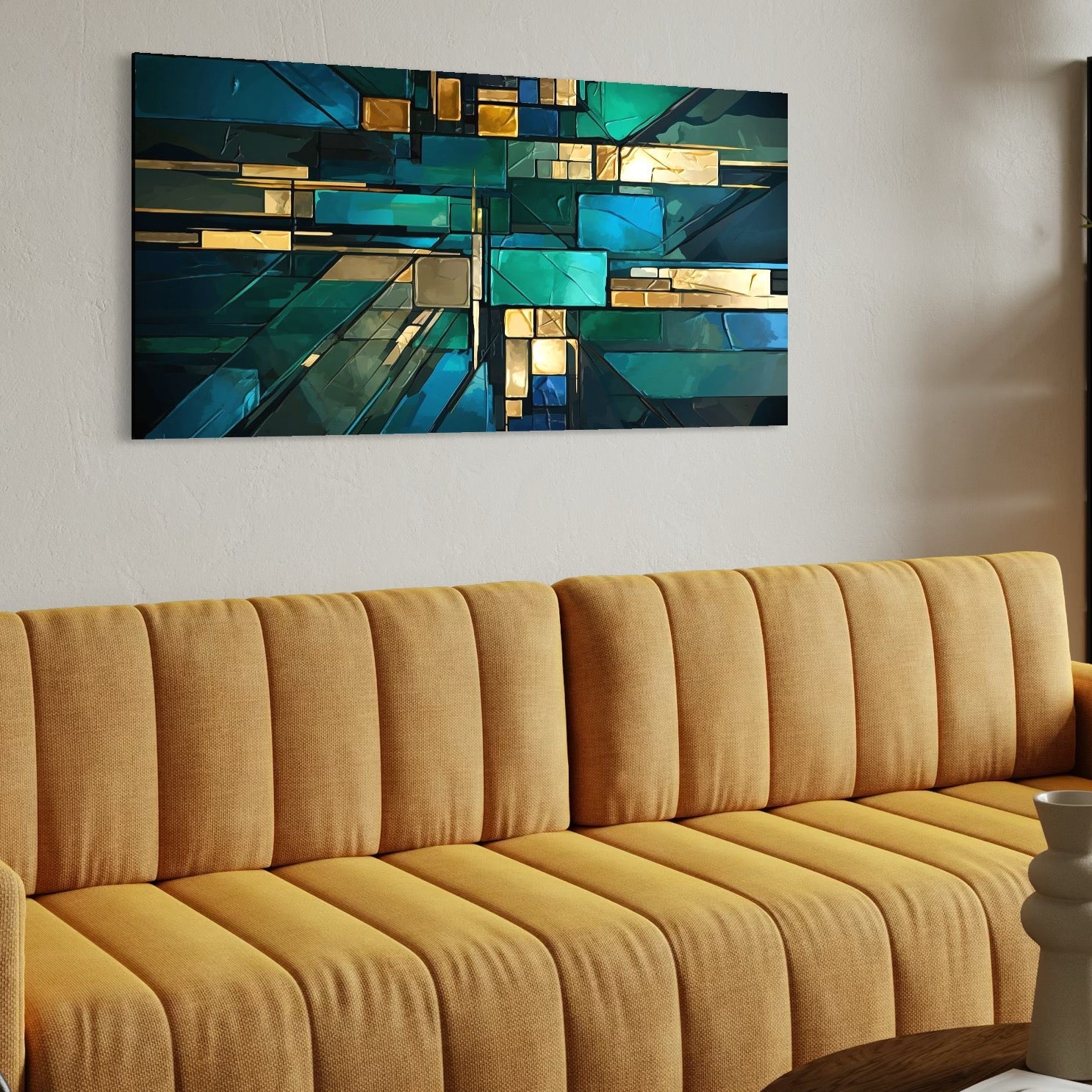 Tablou Canvas Premium, LuxCanva® C1282, Intre adanc si lumina, Geometrie, Culori, Abstract, Cartografiere, Albastru, Ocean, Smarald, Verde, Spatiu, Constructie, Expozitie, Birou, Living, Dormitor