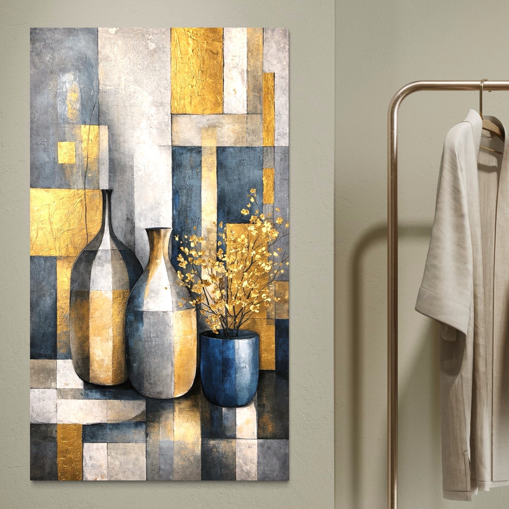 Tablou Canvas Premium, LuxCanva® C1284, Obiecte care asculta, Geometrie, Culori, Abstract, Foita, Auriu, Sofisticat, Obiecte, Forma, Ceramica, Natura, Statica, Expozitie, Birou, Living, Dormitor