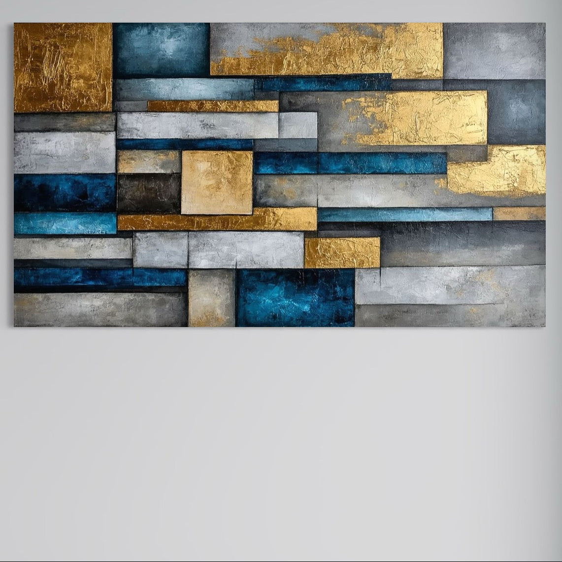 Tablou Canvas Premium, LuxCanva® C1285, Aur printre ziduri, Geometrie, Culori, Abstract, Auriu, Albastru, Linii, Straturi, Constructie, Profunzime, Minimalist, Modernism, Birou, Living, Dormitor