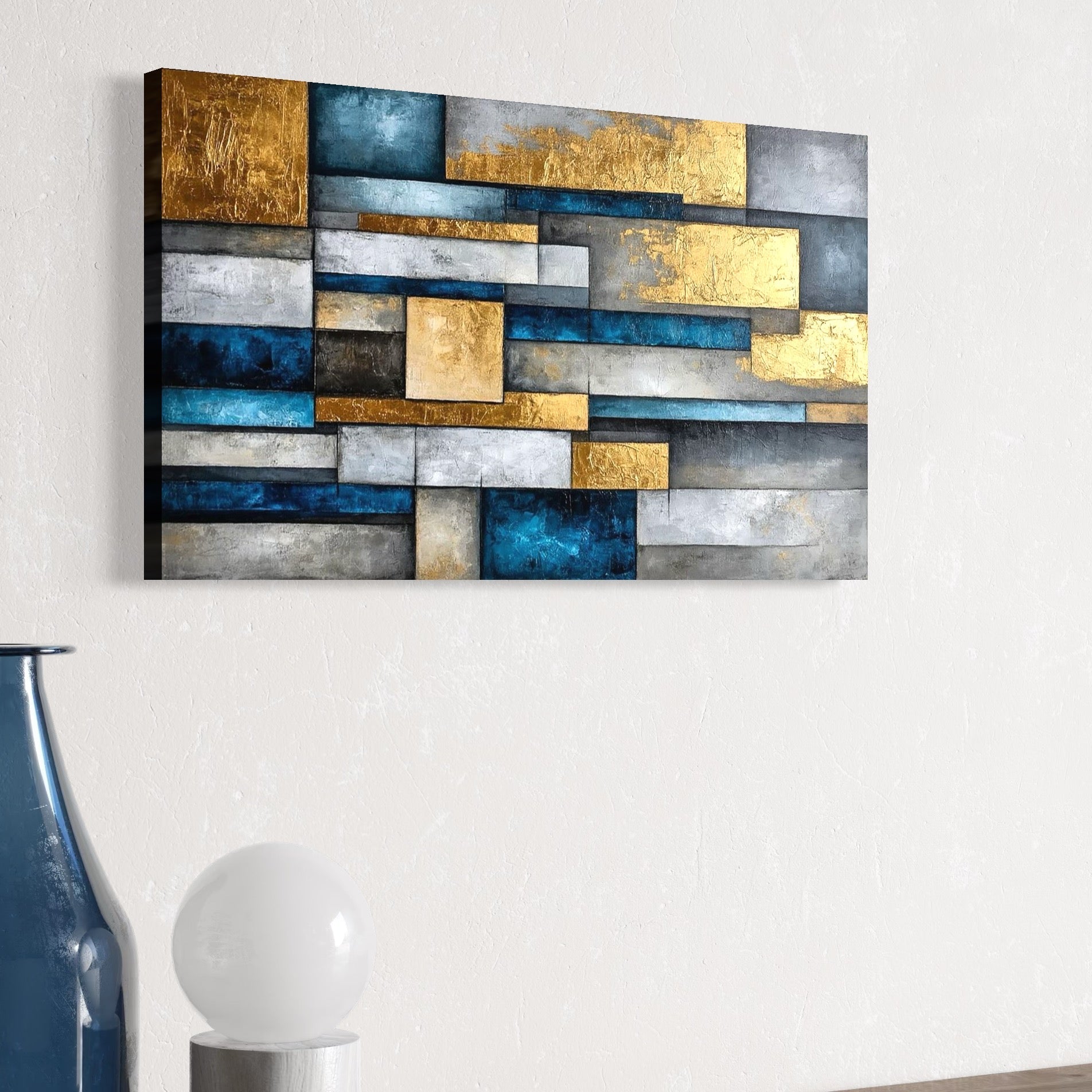 Tablou Canvas Premium, LuxCanva® C1285, Aur printre ziduri, Geometrie, Culori, Abstract, Auriu, Albastru, Linii, Straturi, Constructie, Profunzime, Minimalist, Modernism, Birou, Living, Dormitor