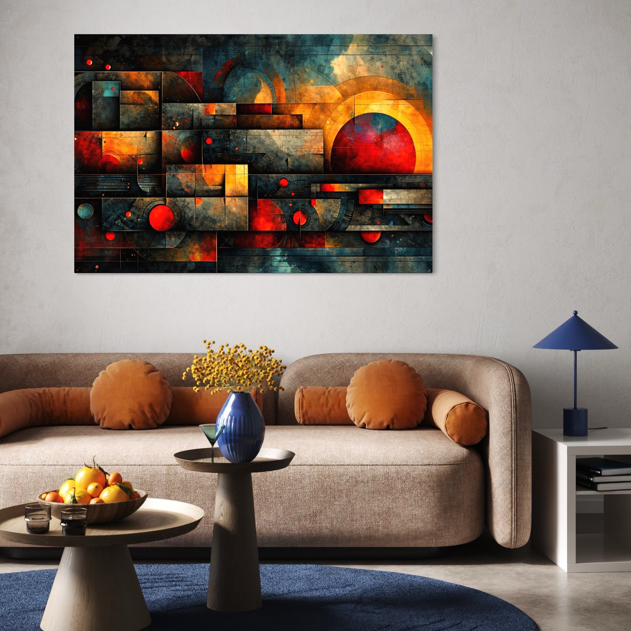 Tablou Canvas Premium, LuxCanva® C1286, Cosmologii Urbane, Geometrie, Culori, Abstract, Cercuri, Arc, Rosu, Foc, Jar, Industrial, Ocru, Contrast, Echilibru, Modern, Birou, Living, Dormitor