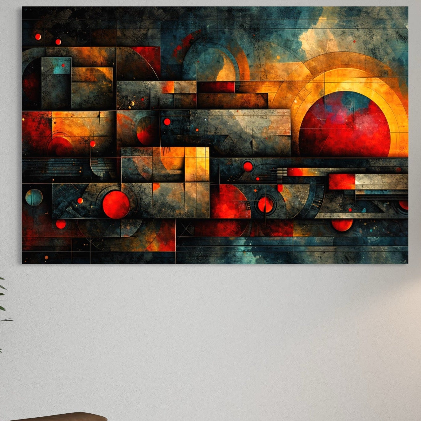 Tablou Canvas Premium, LuxCanva® C1286, Cosmologii Urbane, Geometrie, Culori, Abstract, Cercuri, Arc, Rosu, Foc, Jar, Industrial, Ocru, Contrast, Echilibru, Modern, Birou, Living, Dormitor