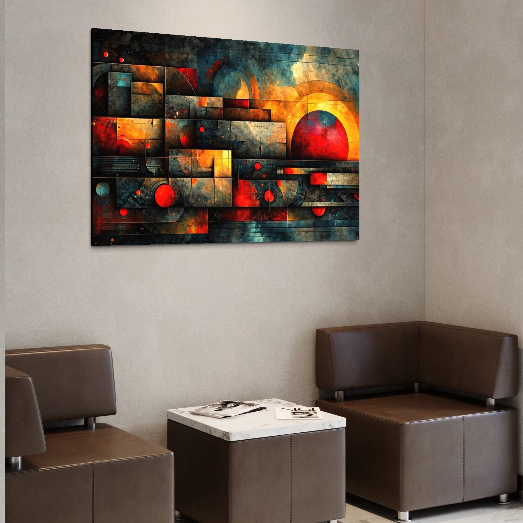 Tablou Canvas Premium, LuxCanva® C1286, Cosmologii Urbane, Geometrie, Culori, Abstract, Cercuri, Arc, Rosu, Foc, Jar, Industrial, Ocru, Contrast, Echilibru, Modern, Birou, Living, Dormitor