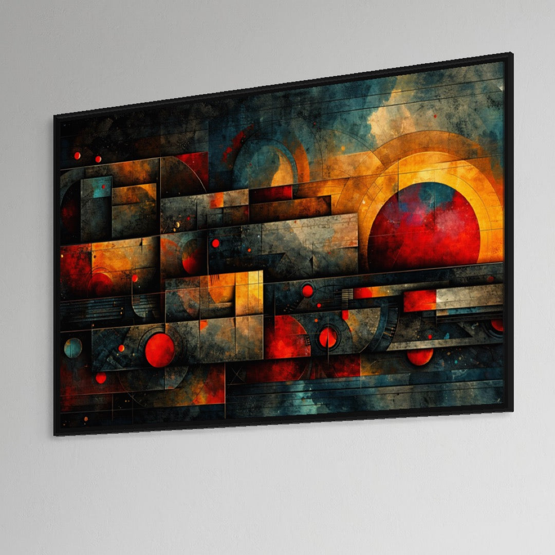 Tablou Canvas Premium, LuxCanva® C1286, Cosmologii Urbane, Geometrie, Culori, Abstract, Cercuri, Arc, Rosu, Foc, Jar, Industrial, Ocru, Contrast, Echilibru, Modern, Birou, Living, Dormitor