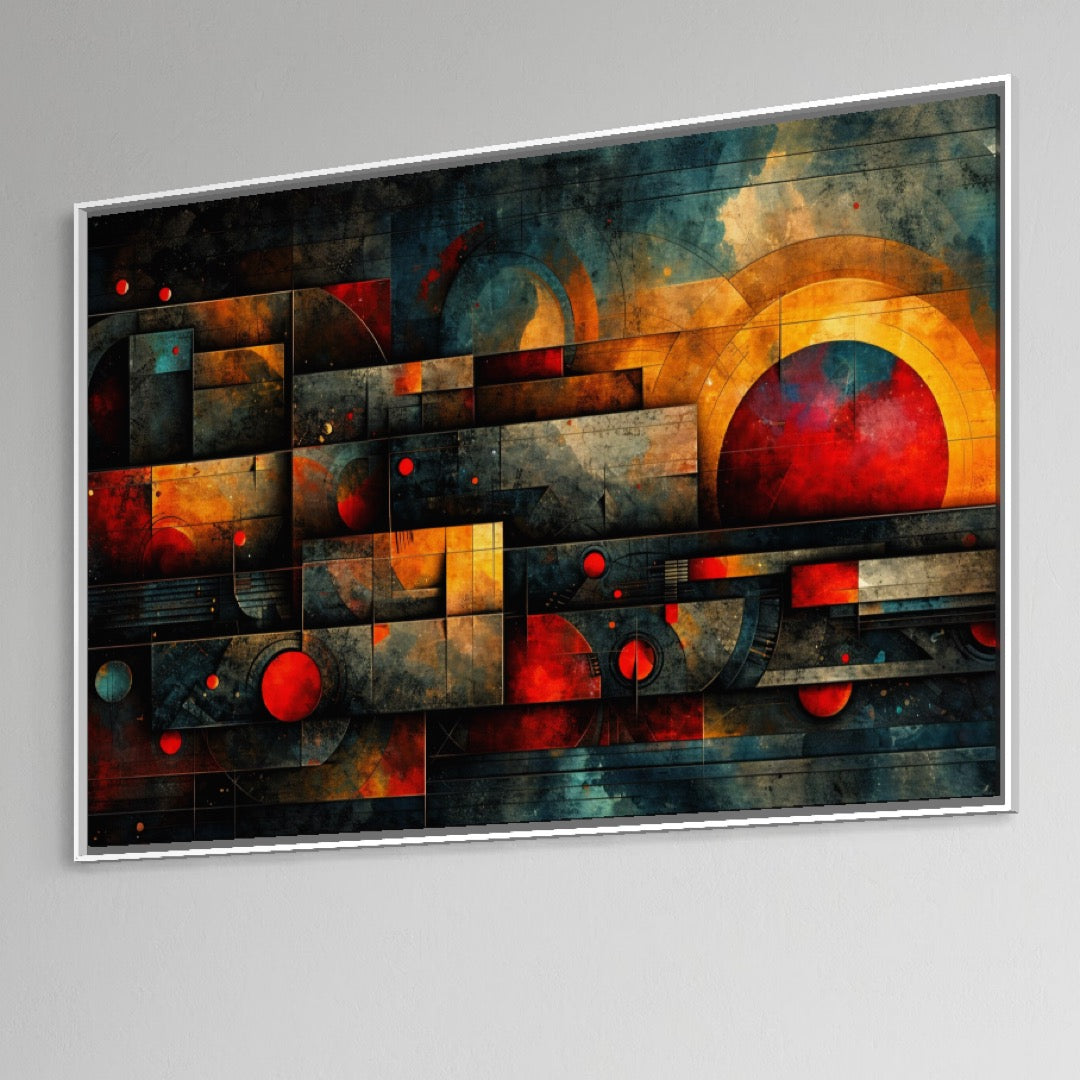 Tablou Canvas Premium, LuxCanva® C1286, Cosmologii Urbane, Geometrie, Culori, Abstract, Cercuri, Arc, Rosu, Foc, Jar, Industrial, Ocru, Contrast, Echilibru, Modern, Birou, Living, Dormitor