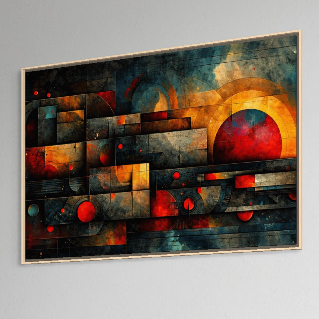 Tablou Canvas Premium, LuxCanva® C1286, Cosmologii Urbane, Geometrie, Culori, Abstract, Cercuri, Arc, Rosu, Foc, Jar, Industrial, Ocru, Contrast, Echilibru, Modern, Birou, Living, Dormitor