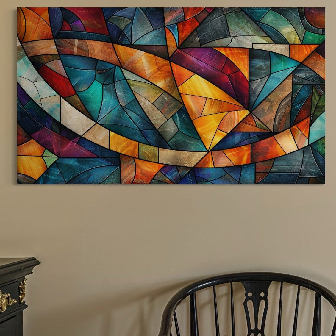 Tablou Canvas Premium, LuxCanva® C1287, Vitralii Interioare, Geometrie, Culori, Abstract, Mozaic, Vitraliu, Fluid, Lumina, Arc, Val, Transparenta, Armonie, Expresiv, Curgere, Birou, Living, Dormitor