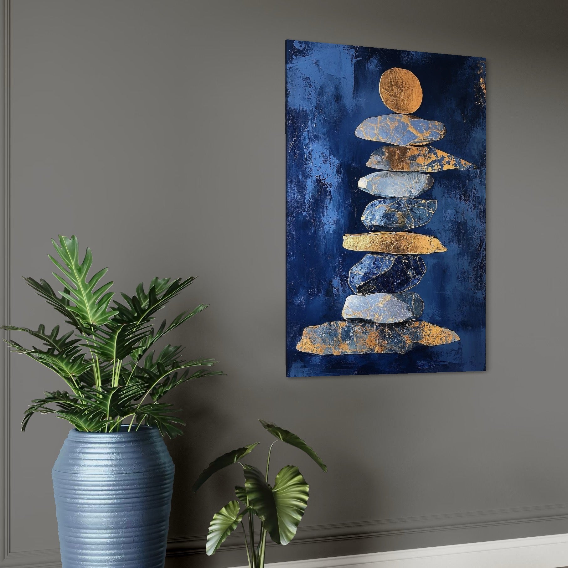 Tablou Canvas Premium, LuxCanva® C1290, Pietre care se roaga, Geometrie, Culori, Abstract, Aur, Pietre, Statuie, Echilibru, Albastru, Zen, Sacru, Spiritual, Vertical, Meditatie, Birou, Living, Dormitor