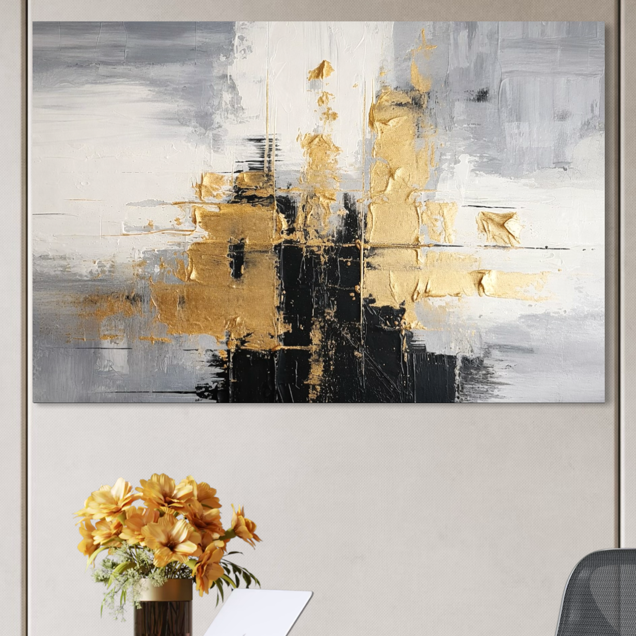 Tablou Canvas Premium, LuxCanva® C1292, Aurul care tine lumea, Geometrie, Culori, Abstract, Auriu, Gri, Negru, Linii, Straturi, Arhitectura, Ax, Rugaciune, Sacral, Decoratiune, Birou, Living, Dormitor