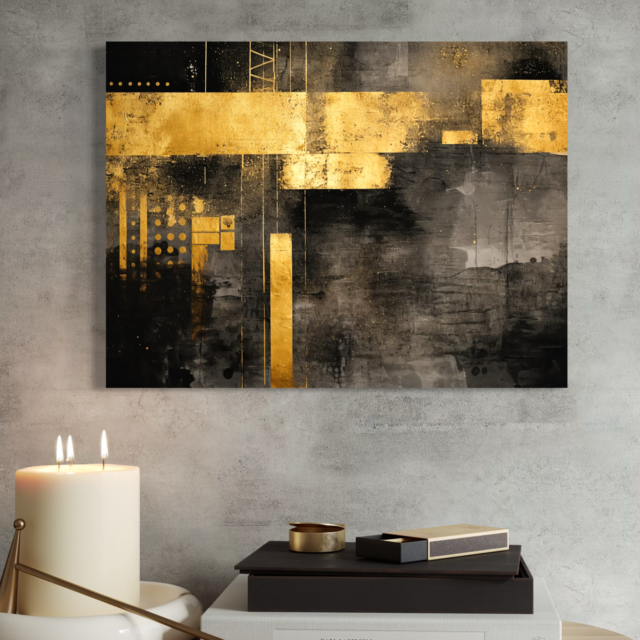 Tablou Canvas Premium, LuxCanva® C1293, Aur in noapte, Geometrie, Culori, Abstract, Solemn, Monumental, Arhaic, Lumina, Intuneric, Gold, Simbol, Echilibru, Decorativ, Birou, Living, Dormitor