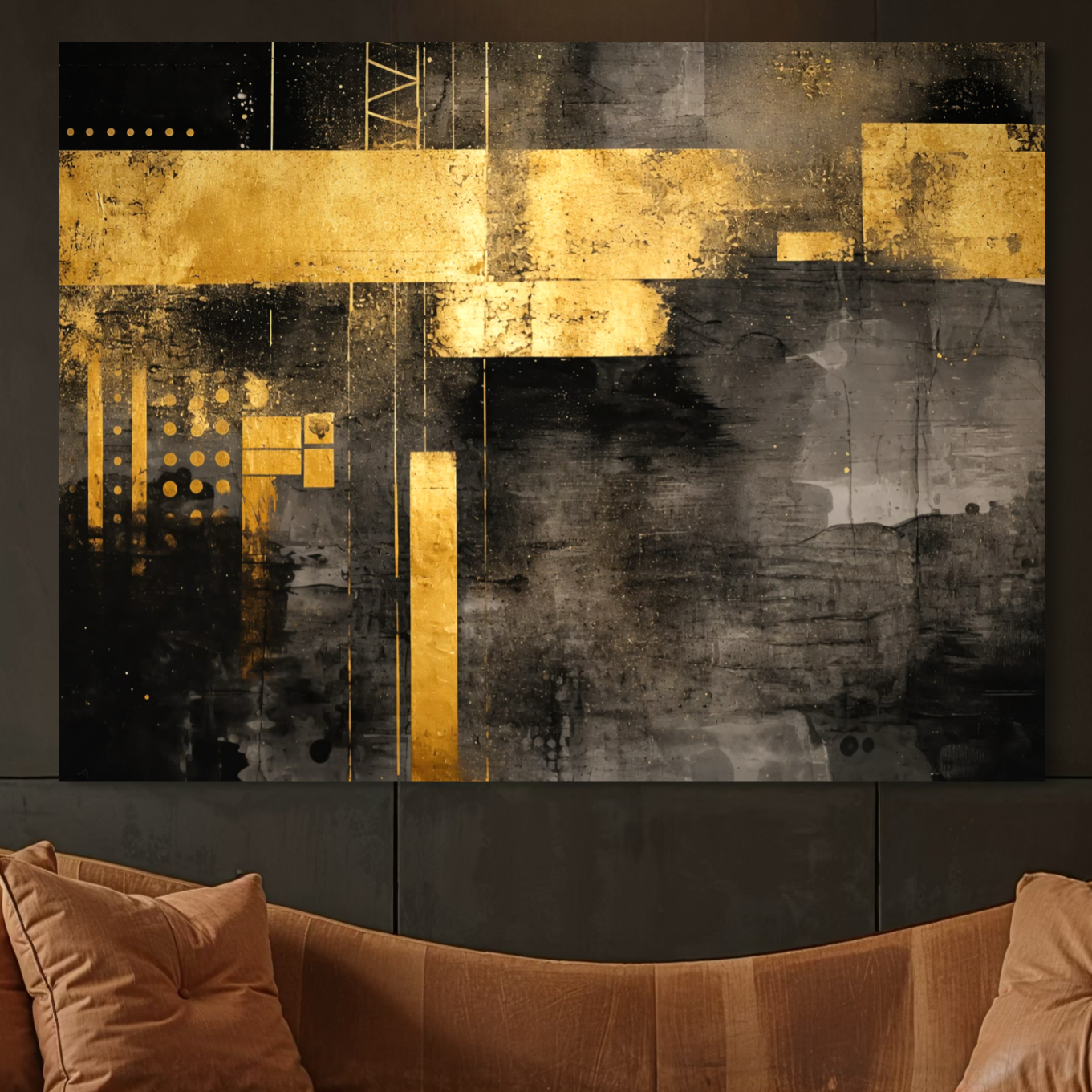 Tablou Canvas Premium, LuxCanva® C1293, Aur in noapte, Geometrie, Culori, Abstract, Solemn, Monumental, Arhaic, Lumina, Intuneric, Gold, Simbol, Echilibru, Decorativ, Birou, Living, Dormitor
