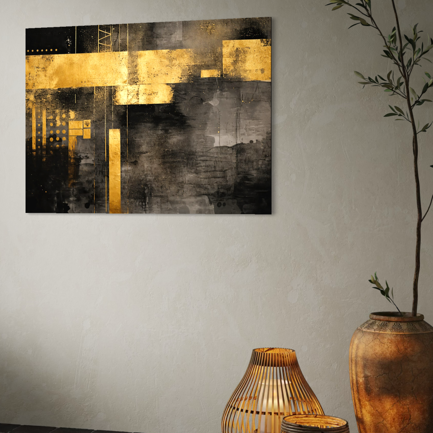 Tablou Canvas Premium, LuxCanva® C1293, Aur in noapte, Geometrie, Culori, Abstract, Solemn, Monumental, Arhaic, Lumina, Intuneric, Gold, Simbol, Echilibru, Decorativ, Birou, Living, Dormitor