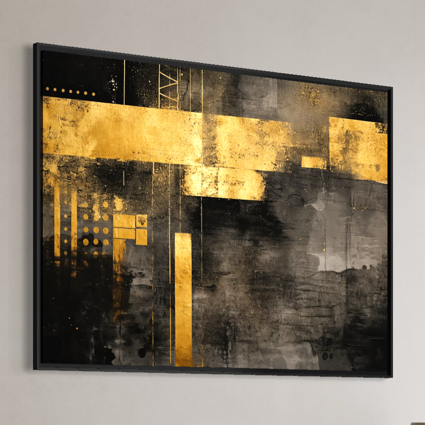 Tablou Canvas Premium, LuxCanva® C1293, Aur in noapte, Geometrie, Culori, Abstract, Solemn, Monumental, Arhaic, Lumina, Intuneric, Gold, Simbol, Echilibru, Decorativ, Birou, Living, Dormitor