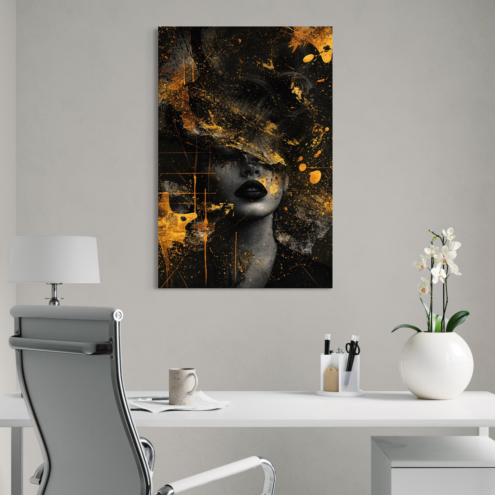 Tablou Canvas Premium, LuxCanva® C1294, Femeia ca mister, Abstract, Portret, Aur, Negru, Femeie, Dramatism, Tacere, Chip, Frumusete, Respiratie, Nocturn, Diva, Podium, Birou, Living, Dormitor