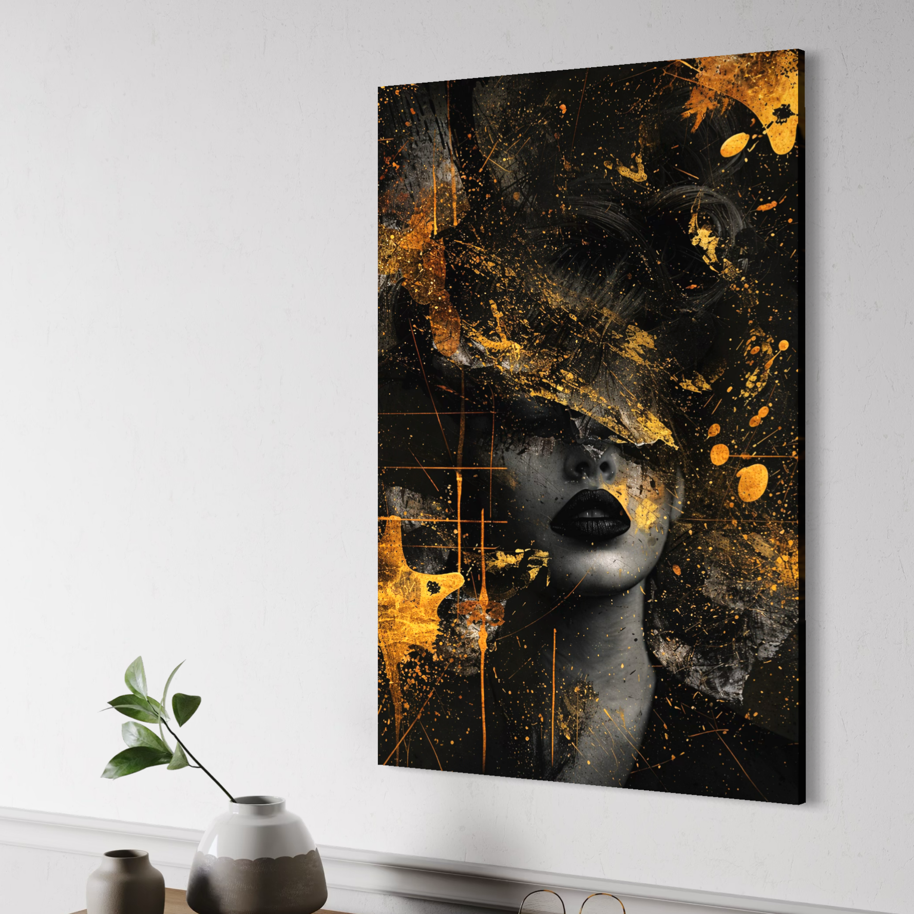Tablou Canvas Premium, LuxCanva® C1294, Femeia ca mister, Abstract, Portret, Aur, Negru, Femeie, Dramatism, Tacere, Chip, Frumusete, Respiratie, Nocturn, Diva, Podium, Birou, Living, Dormitor
