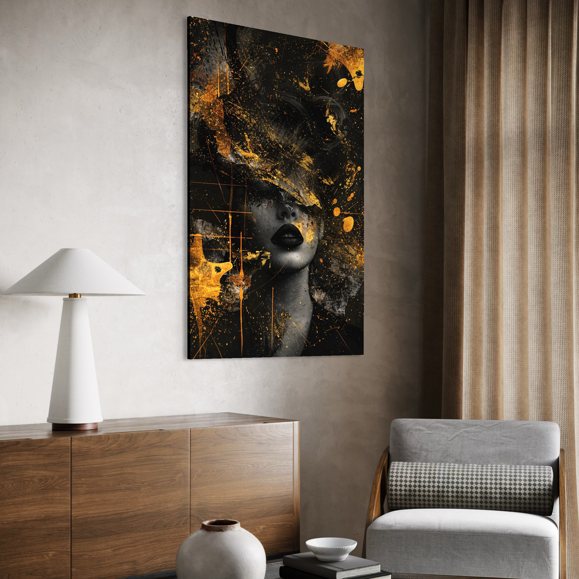 Tablou Canvas Premium, LuxCanva® C1294, Femeia ca mister, Abstract, Portret, Aur, Negru, Femeie, Dramatism, Tacere, Chip, Frumusete, Respiratie, Nocturn, Diva, Podium, Birou, Living, Dormitor