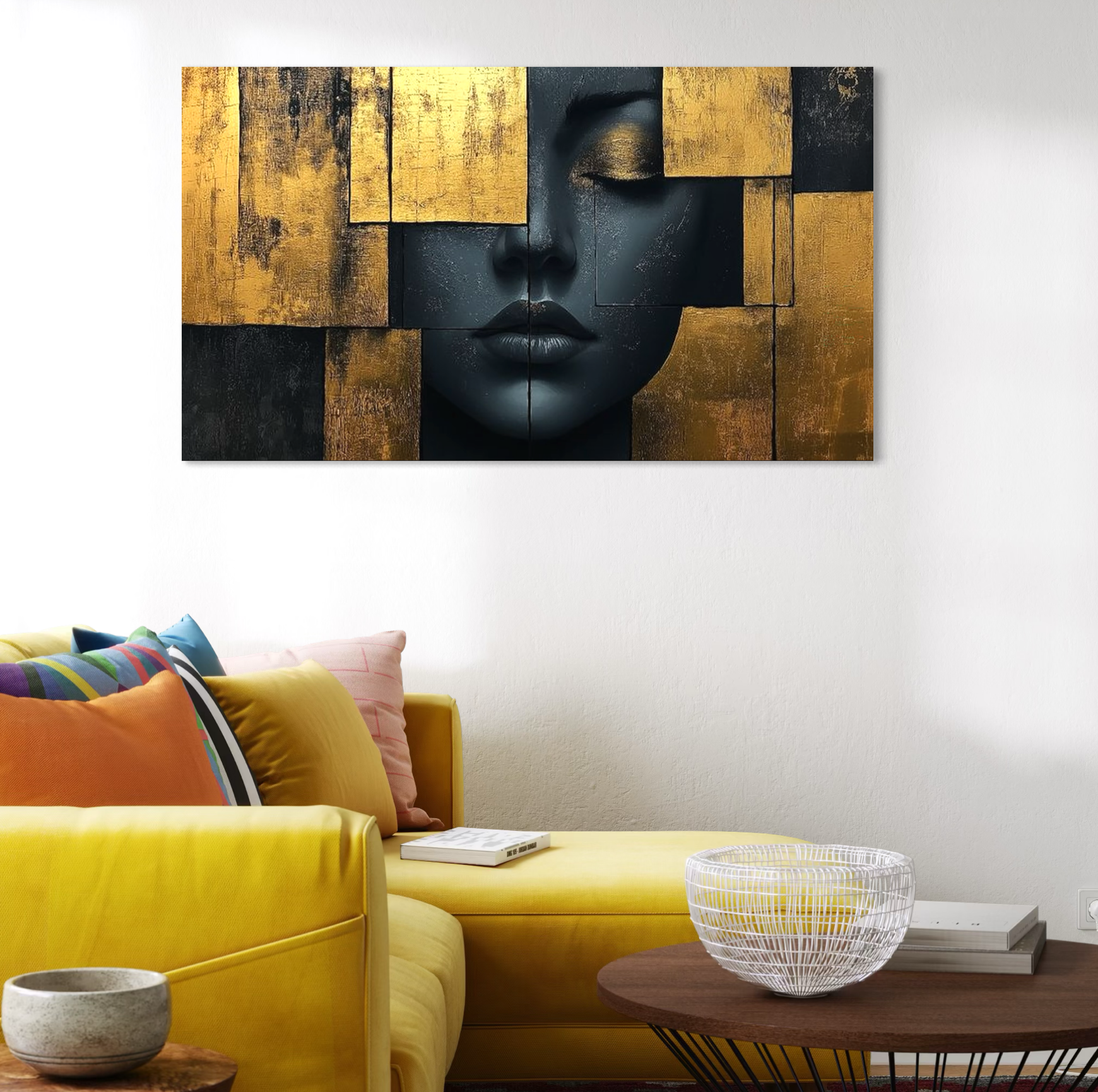 Tablou Canvas Premium, LuxCanva® C1295, Femeia ca templu, Abstract, Portret, Aur, Negru, Femeie, Tacere, Liniste, Placi, Geometrie, Chip, Calm, Ochi, Suflet, Rafinat, Birou, Living, Dormitor