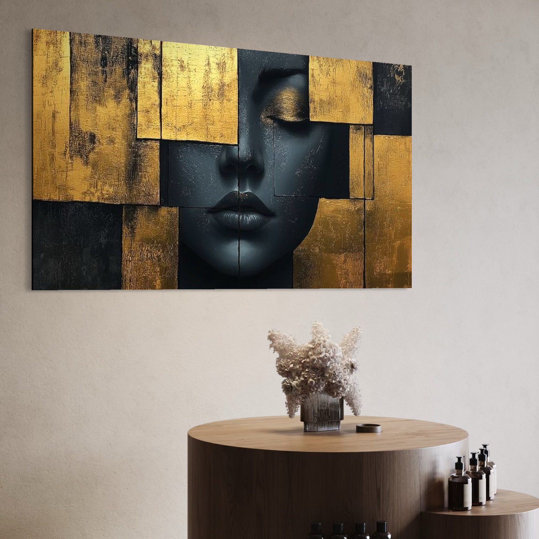 Tablou Canvas Premium, LuxCanva® C1295, Femeia ca templu, Abstract, Portret, Aur, Negru, Femeie, Tacere, Liniste, Placi, Geometrie, Chip, Calm, Ochi, Suflet, Rafinat, Birou, Living, Dormitor