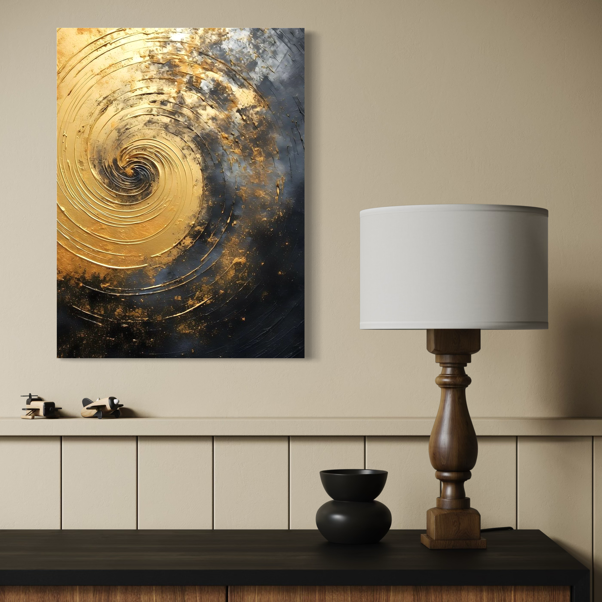 Tablou Canvas Premium, LuxCanva® C1296, Timp in rotatie, Abstract, Aur, Negru, Spirala, Centru, Univers, Memorie, Rotire, Haos, Decoratiune, Cosmologic, Mister, Uragan, Birou, Living, Dormitor