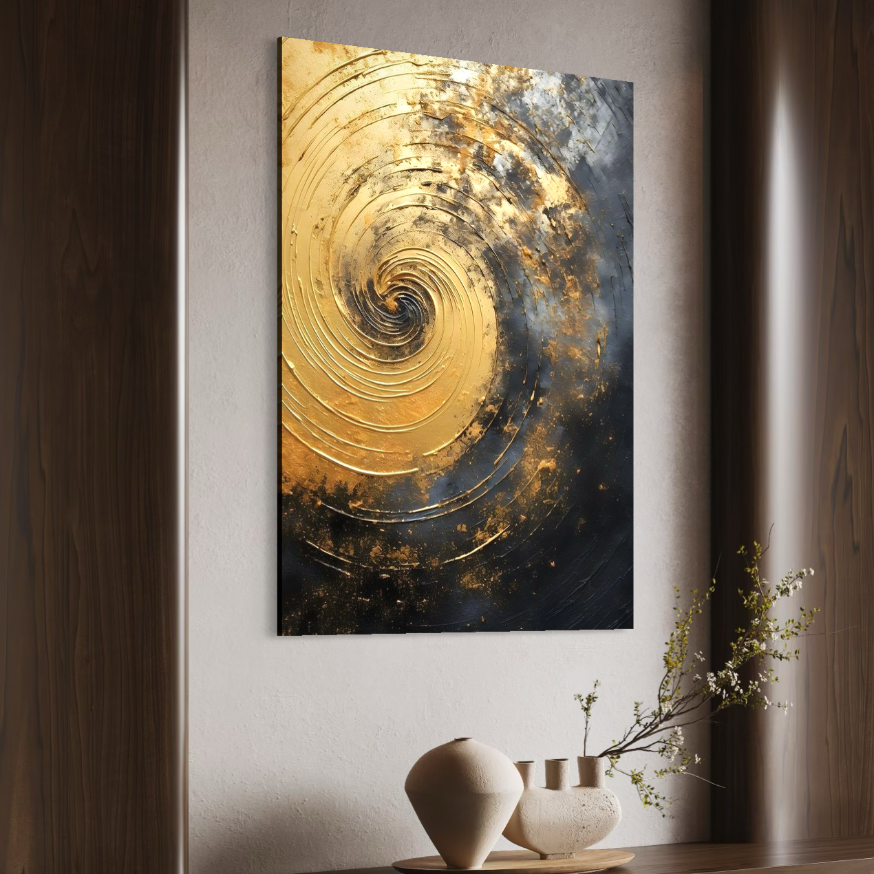 Tablou Canvas Premium, LuxCanva® C1296, Timp in rotatie, Abstract, Aur, Negru, Spirala, Centru, Univers, Memorie, Rotire, Haos, Decoratiune, Cosmologic, Mister, Uragan, Birou, Living, Dormitor