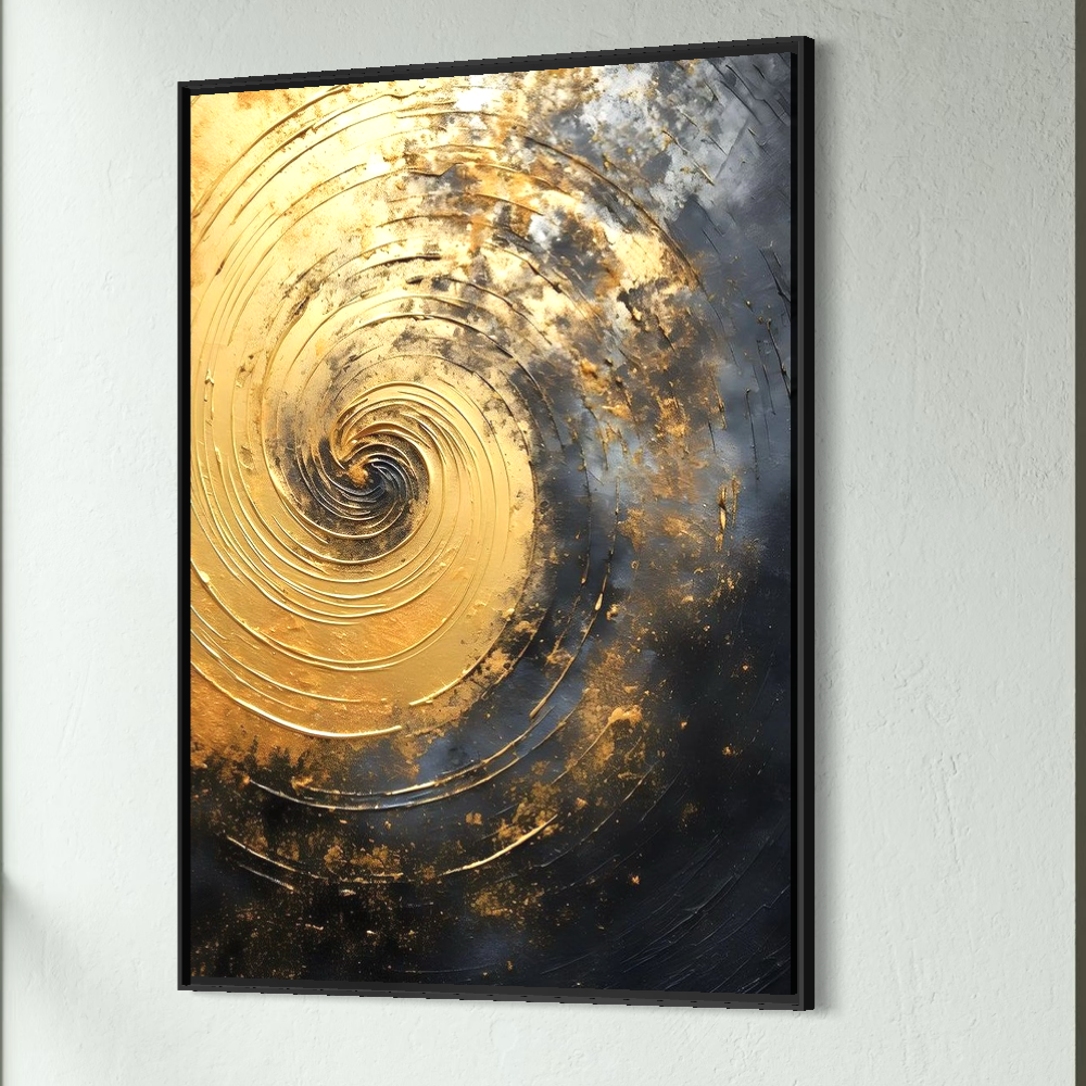 Tablou Canvas Premium, LuxCanva® C1296, Timp in rotatie, Abstract, Aur, Negru, Spirala, Centru, Univers, Memorie, Rotire, Haos, Decoratiune, Cosmologic, Mister, Uragan, Birou, Living, Dormitor