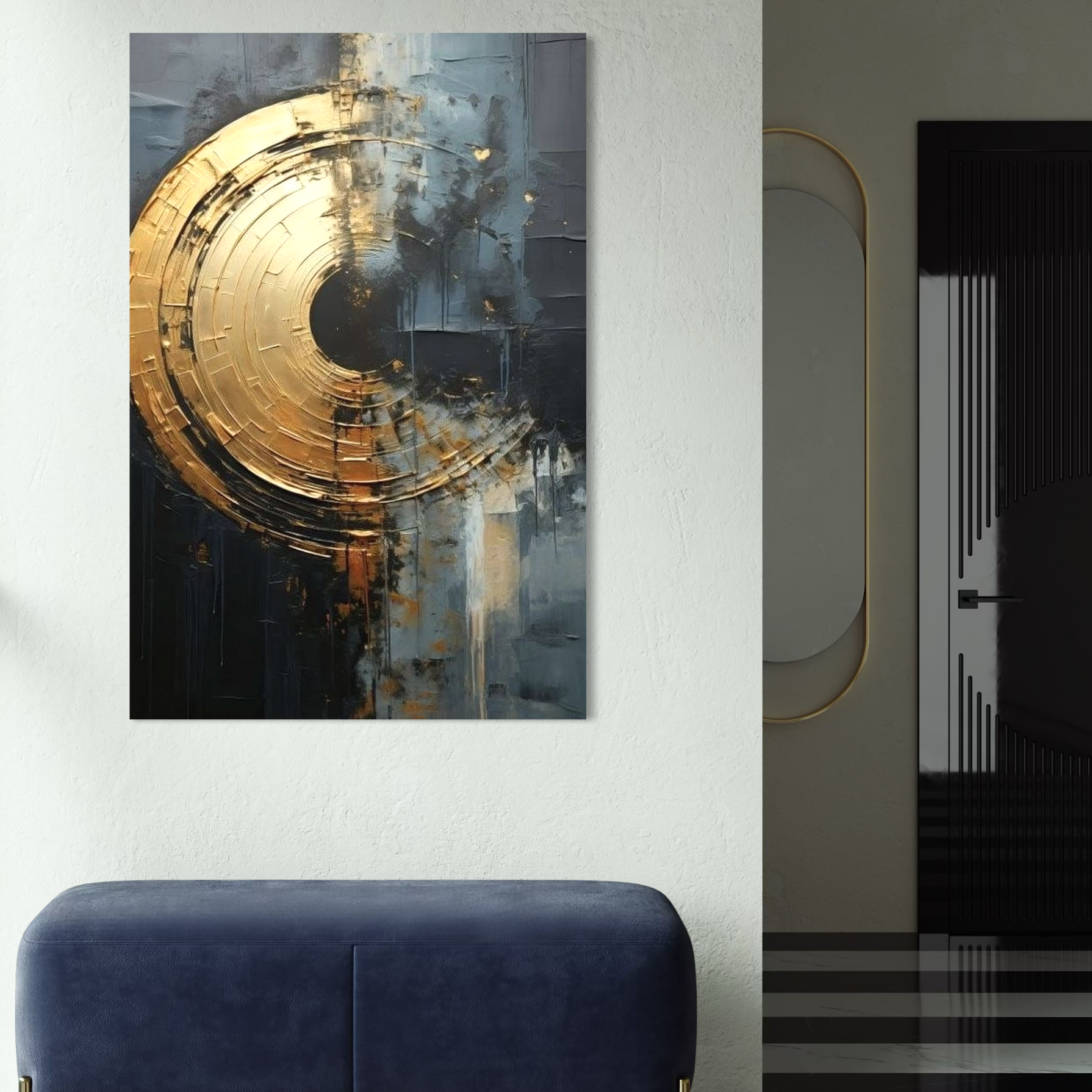 Tablou Canvas Premium, LuxCanva® C1297, Poarta de aur, Abstract, Aur, Negru, Spirala, Centru, Univers, Cerc, Prag, Gravitatie, Sacru, Topografie, Cercuri, Arhitecturi, Birou, Living, Dormitor