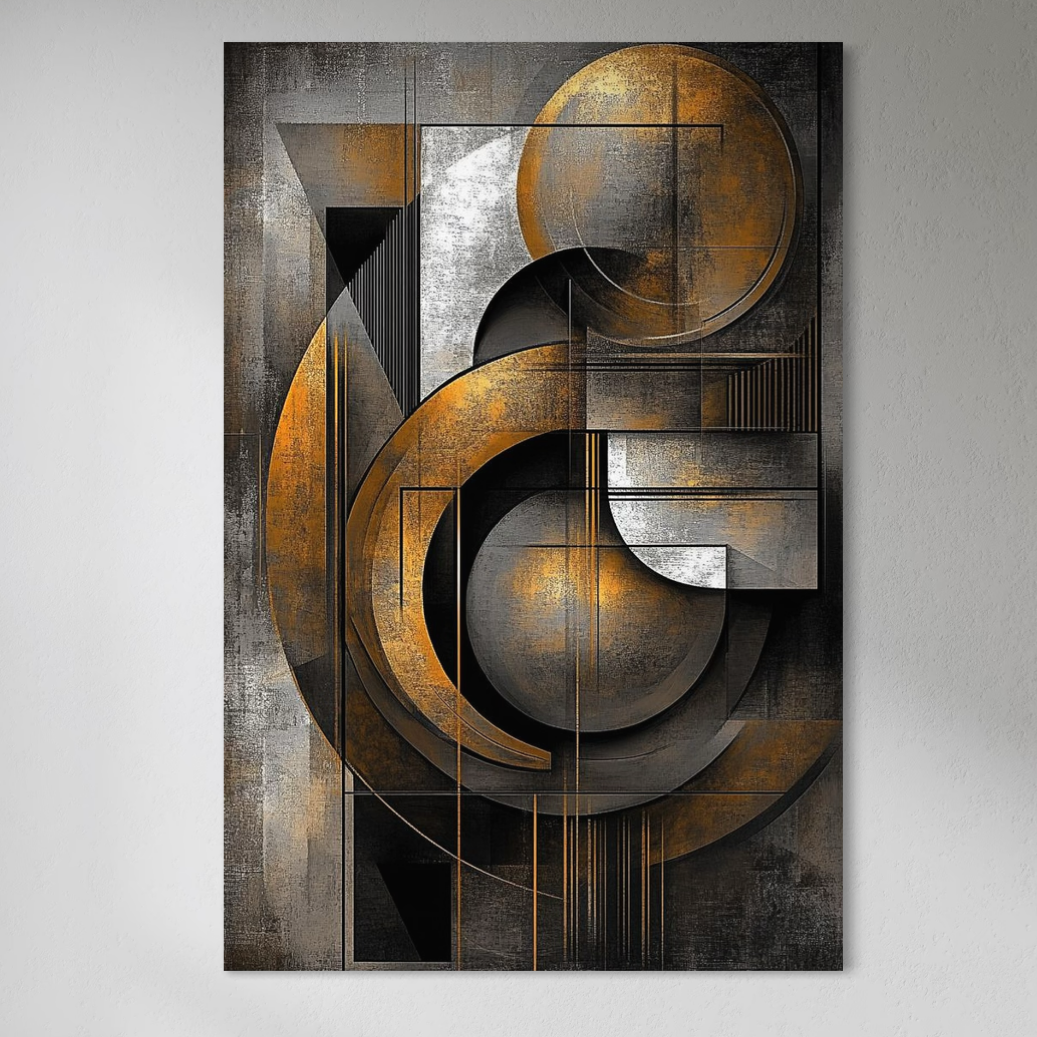 Tablou Canvas Premium, LuxCanva® C1298, Cercul care tine lumea, Abstract, Auriu, Negru, Gri, Geometrie, Respiratie, Echilibru, Gravitatie, Ritual, Calm, Stabilitate, Materie, Birou, Living, Dormitor