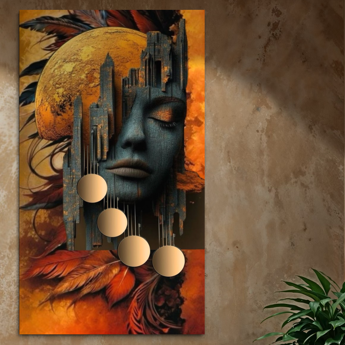 Tablou Canvas Premium, LuxCanva® C1299, Femeia si orasul ei, Geometrie, Culori, Abstract, Auriu, Portret, Vis, Oras, Chip, Tacere, Mit, Cosmos, Somn, Coroana, Decoratiune, Birou, Living, Dormitor