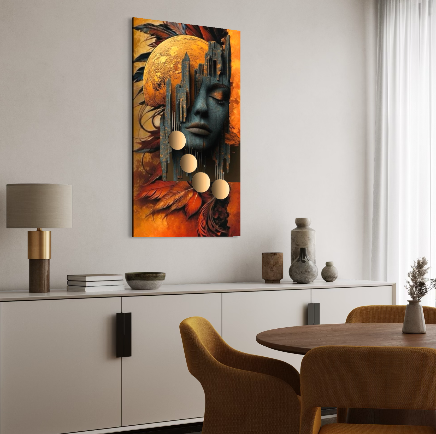 Tablou Canvas Premium, LuxCanva® C1299, Femeia si orasul ei, Geometrie, Culori, Abstract, Auriu, Portret, Vis, Oras, Chip, Tacere, Mit, Cosmos, Somn, Coroana, Decoratiune, Birou, Living, Dormitor