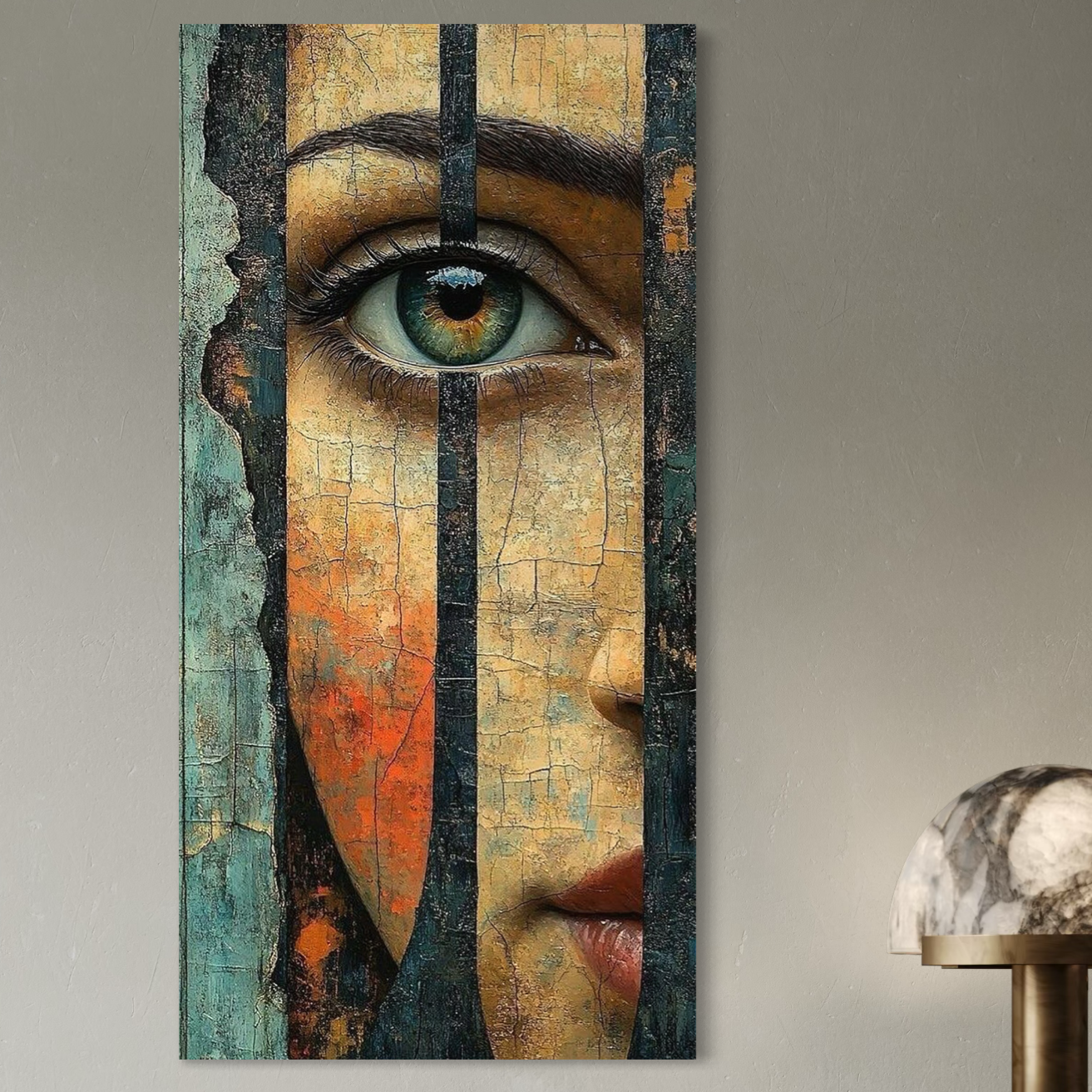 Tablou Canvas Premium, LuxCanva® C1300, Privirea dintre ziduri, Geometrie, Culori, Abstract, Auriu, Portret, Ochi, Gratii, Privire, Fereastra, Identitate, Fragmentat, Visare, Birou, Living, Dormitor