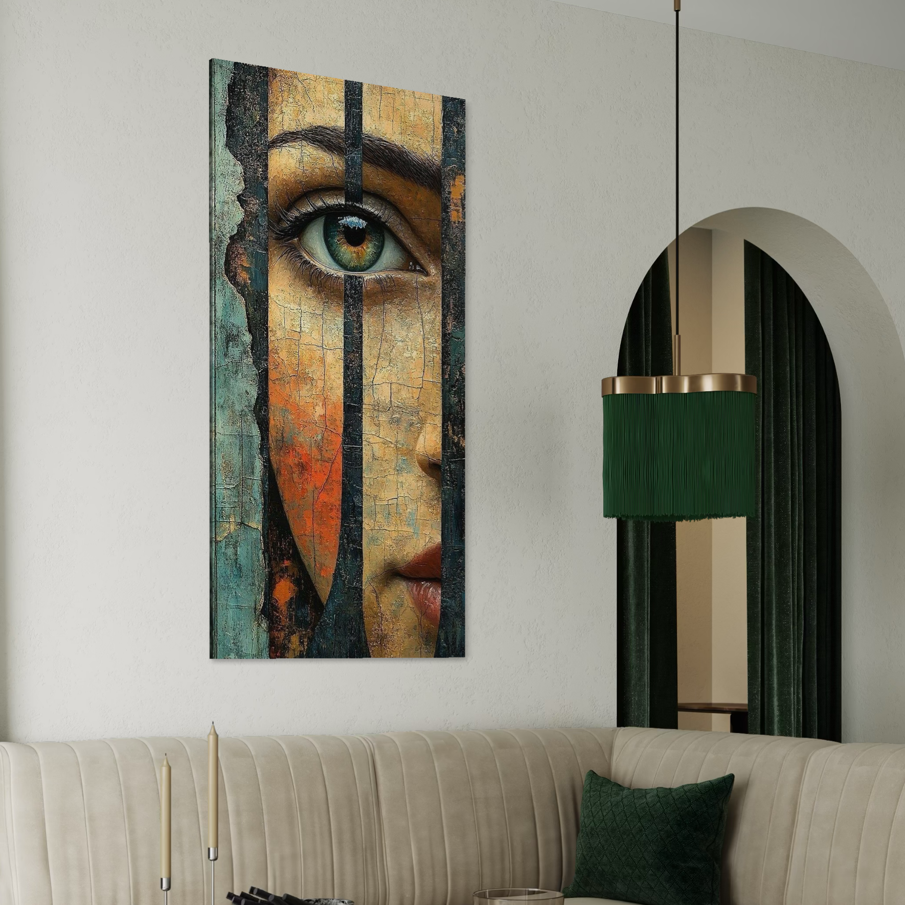 Tablou Canvas Premium, LuxCanva® C1300, Privirea dintre ziduri, Geometrie, Culori, Abstract, Auriu, Portret, Ochi, Gratii, Privire, Fereastra, Identitate, Fragmentat, Visare, Birou, Living, Dormitor