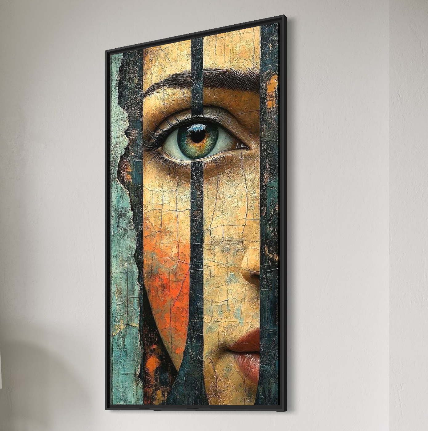 Tablou Canvas Premium, LuxCanva® C1300, Privirea dintre ziduri, Geometrie, Culori, Abstract, Auriu, Portret, Ochi, Gratii, Privire, Fereastra, Identitate, Fragmentat, Visare, Birou, Living, Dormitor