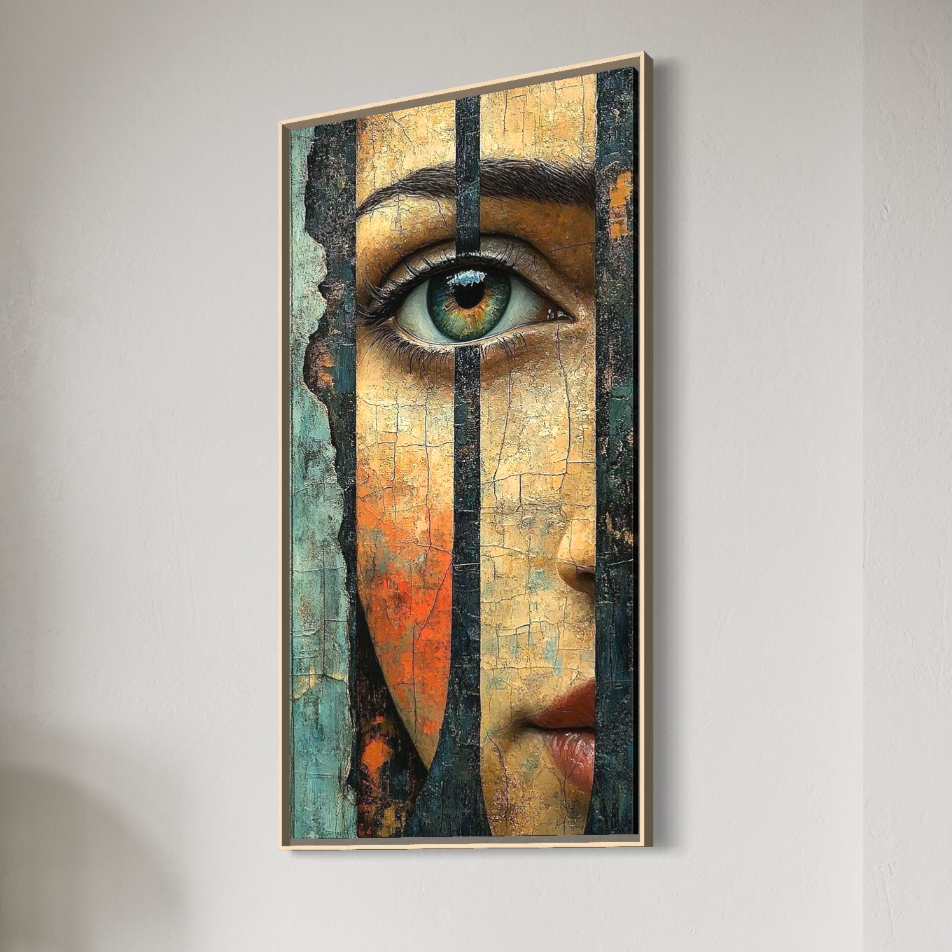 Tablou Canvas Premium, LuxCanva® C1300, Privirea dintre ziduri, Geometrie, Culori, Abstract, Auriu, Portret, Ochi, Gratii, Privire, Fereastra, Identitate, Fragmentat, Visare, Birou, Living, Dormitor