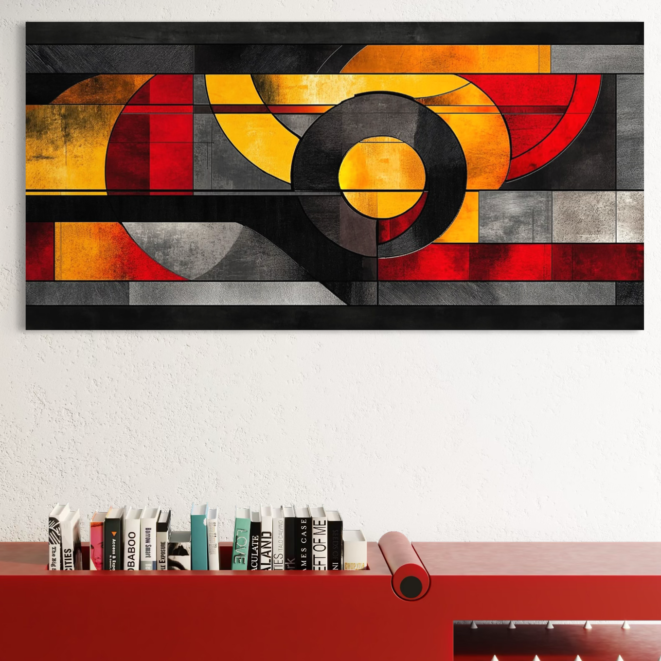 Tablou Canvas Premium, LuxCanva® C1302, Cercul care taie linistea, Geometrie, Culori, Abstract, Echilibru, Rosu, Foc, Cerc, Ars, Linii, Arhitectura, Simbol, Design, Arta, Birou, Living, Dormitor