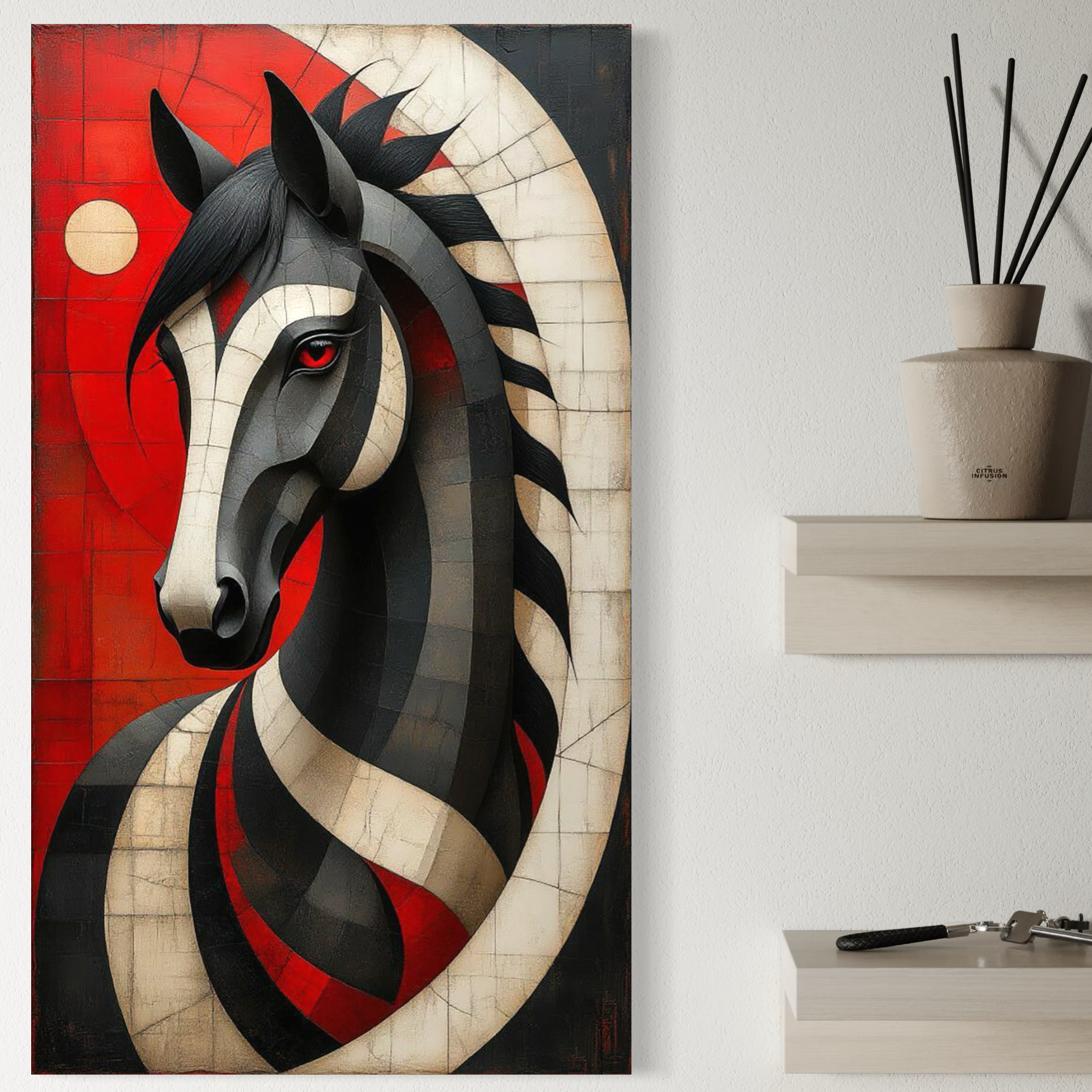 Tablou Canvas Premium, LuxCanva® C1303, Calul din foc si umbra, Geometrie, Culori, Abstract, Rosu, Foc, Linii, Cal, Frumusete, Animal, Veghe, Paznic, Simbol, Design, Arta, Birou, Living, Dormitor