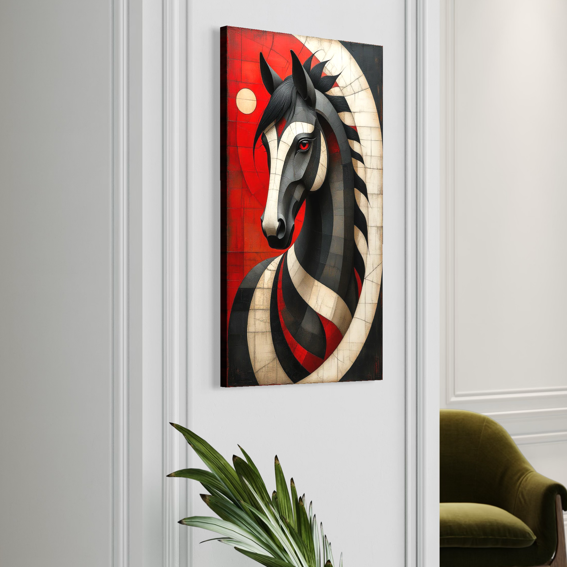Tablou Canvas Premium, LuxCanva® C1303, Calul din foc si umbra, Geometrie, Culori, Abstract, Rosu, Foc, Linii, Cal, Frumusete, Animal, Veghe, Paznic, Simbol, Design, Arta, Birou, Living, Dormitor