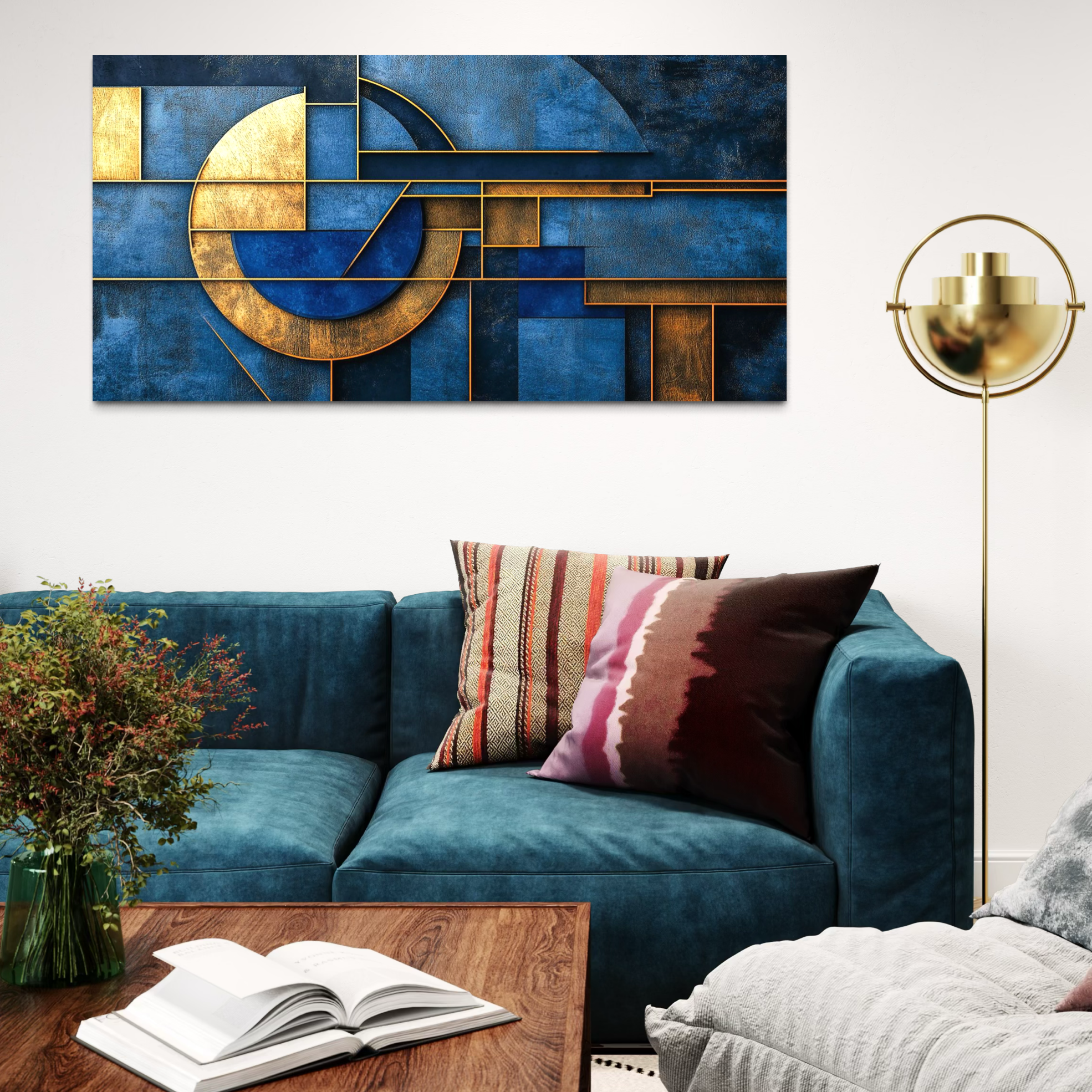 Tablou Canvas Premium, LuxCanva® C1304, Albastru arhitectural, Geometrie, Culori, Abstract, Albastru, Auriu, Profund, Minimalism, Design, Mural, Interior, Expozitie, Arta, Birou, Living, Dormitor