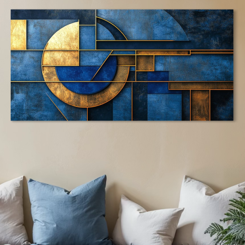 Tablou Canvas Premium, LuxCanva® C1304, Albastru arhitectural, Geometrie, Culori, Abstract, Albastru, Auriu, Profund, Minimalism, Design, Mural, Interior, Expozitie, Arta, Birou, Living, Dormitor