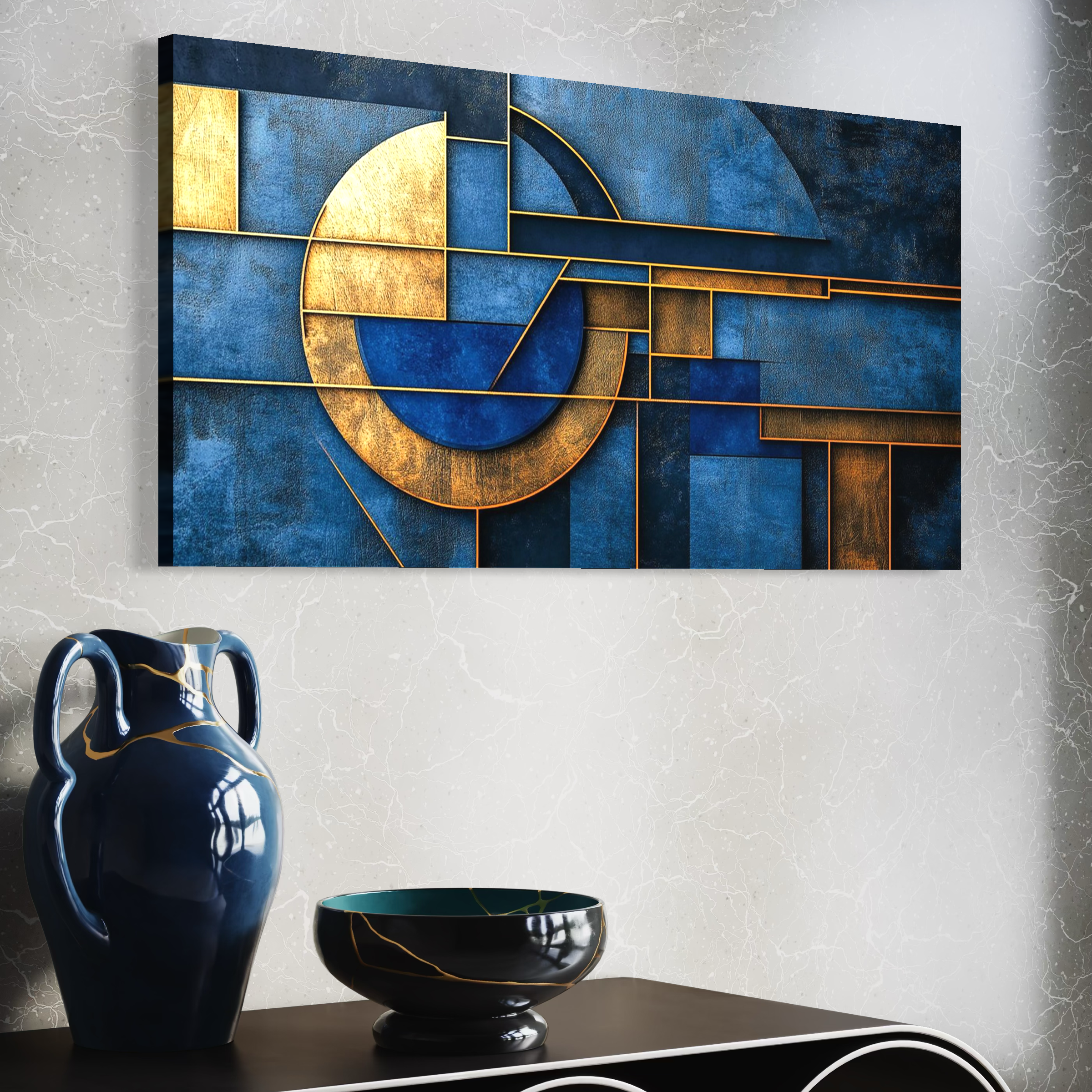 Tablou Canvas Premium, LuxCanva® C1304, Albastru arhitectural, Geometrie, Culori, Abstract, Albastru, Auriu, Profund, Minimalism, Design, Mural, Interior, Expozitie, Arta, Birou, Living, Dormitor