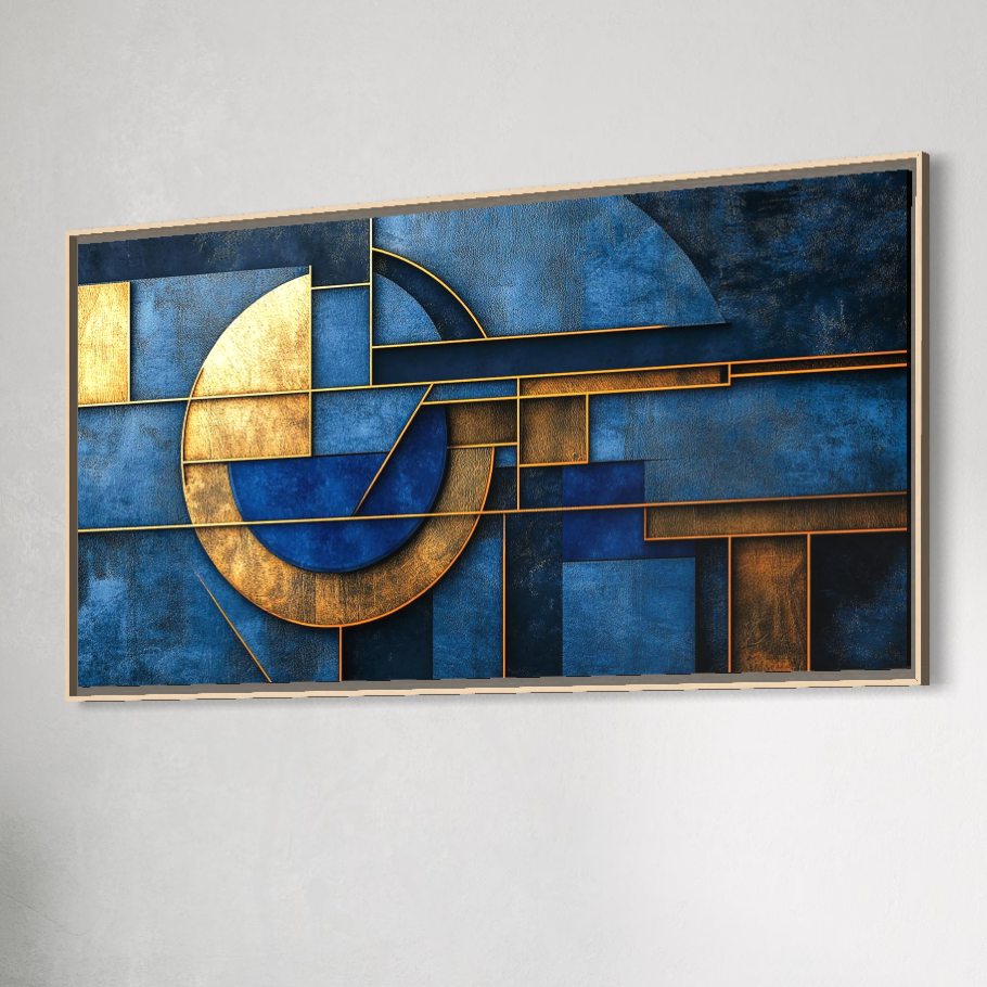 Tablou Canvas Premium, LuxCanva® C1304, Albastru arhitectural, Geometrie, Culori, Abstract, Albastru, Auriu, Profund, Minimalism, Design, Mural, Interior, Expozitie, Arta, Birou, Living, Dormitor