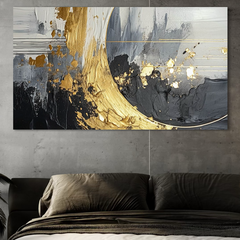 Tablou Canvas Premium, LuxCanva® C1305, Tacere turnata in aur, Geometrie, Culori, Abstract, Auriu, Valuri, Minimalism, Design, Curgere, Miscare, Interior, Expozitie, Arta, Birou, Living, Dormitor