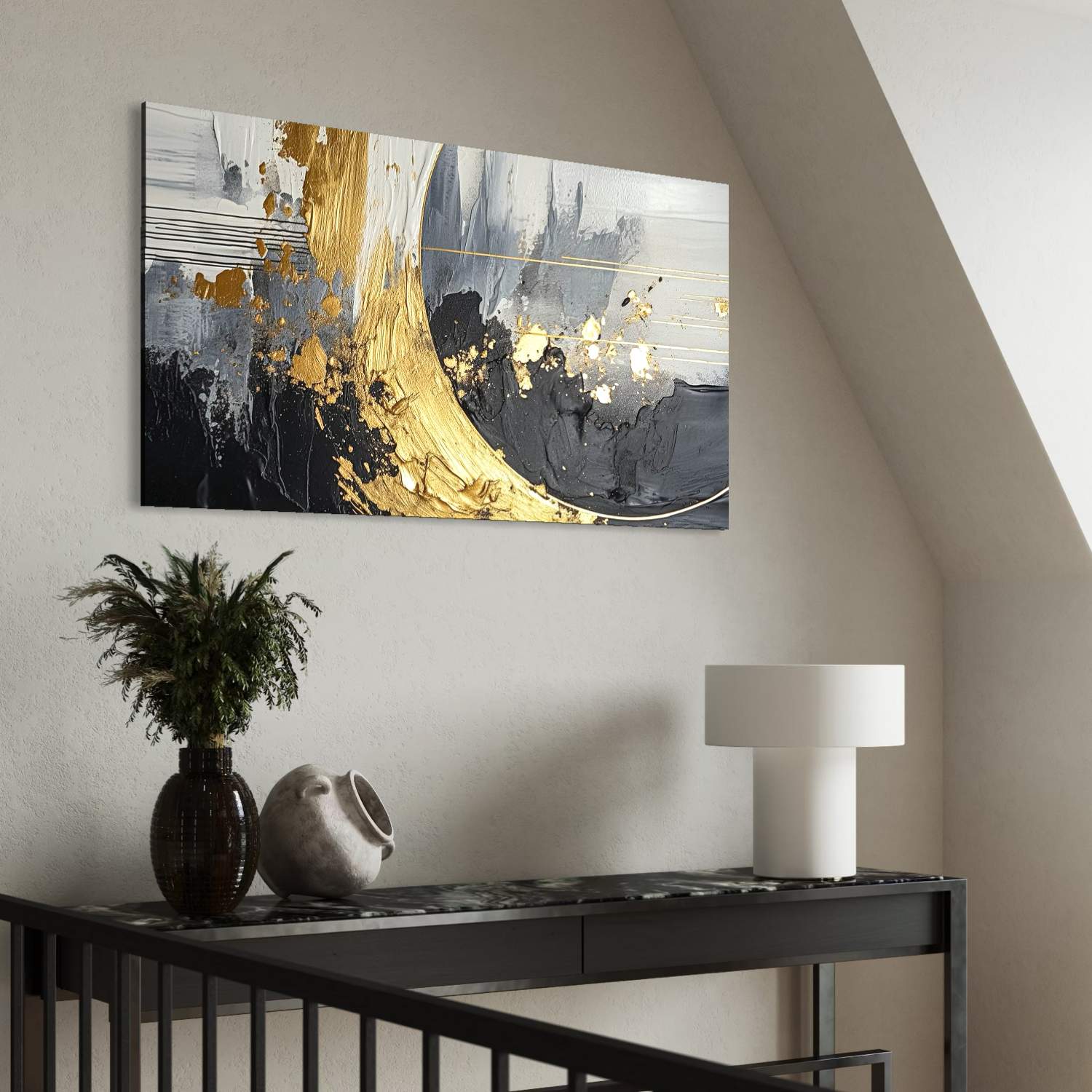 Tablou Canvas Premium, LuxCanva® C1305, Tacere turnata in aur, Geometrie, Culori, Abstract, Auriu, Valuri, Minimalism, Design, Curgere, Miscare, Interior, Expozitie, Arta, Birou, Living, Dormitor