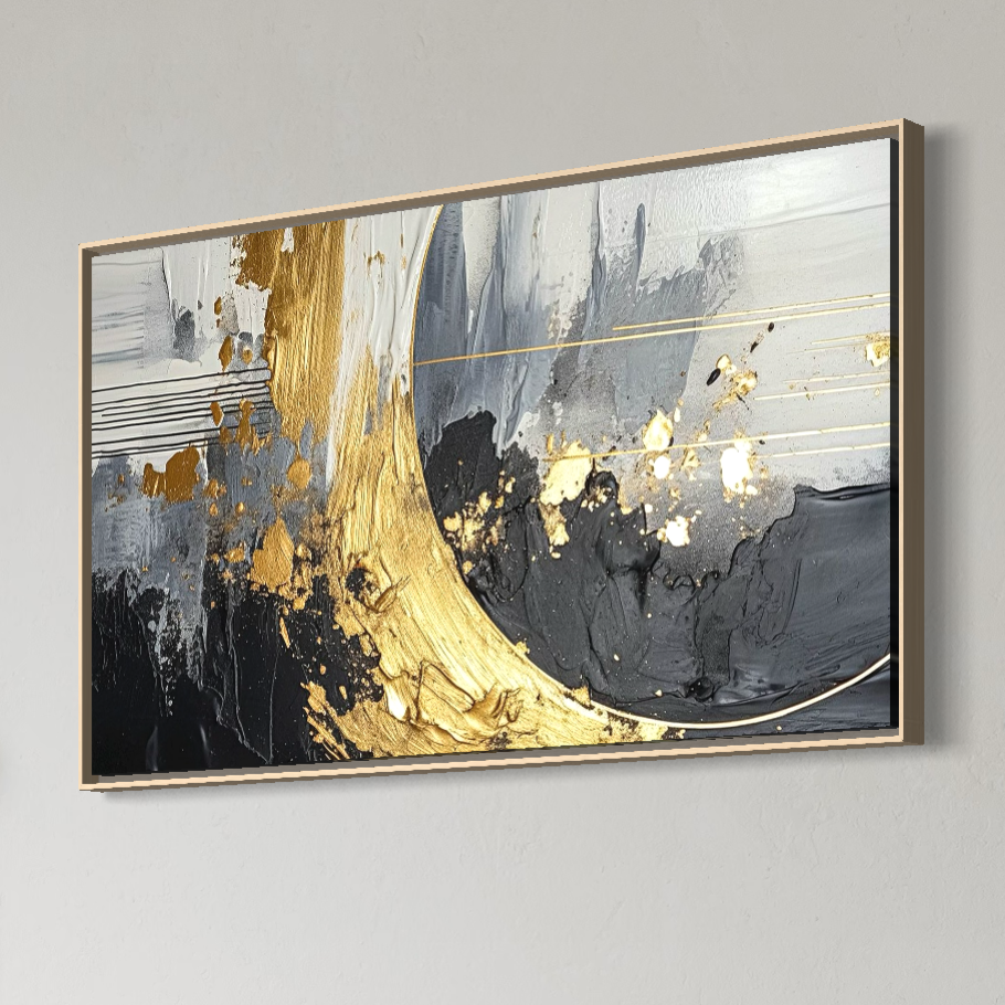 Tablou Canvas Premium, LuxCanva® C1305, Tacere turnata in aur, Geometrie, Culori, Abstract, Auriu, Valuri, Minimalism, Design, Curgere, Miscare, Interior, Expozitie, Arta, Birou, Living, Dormitor