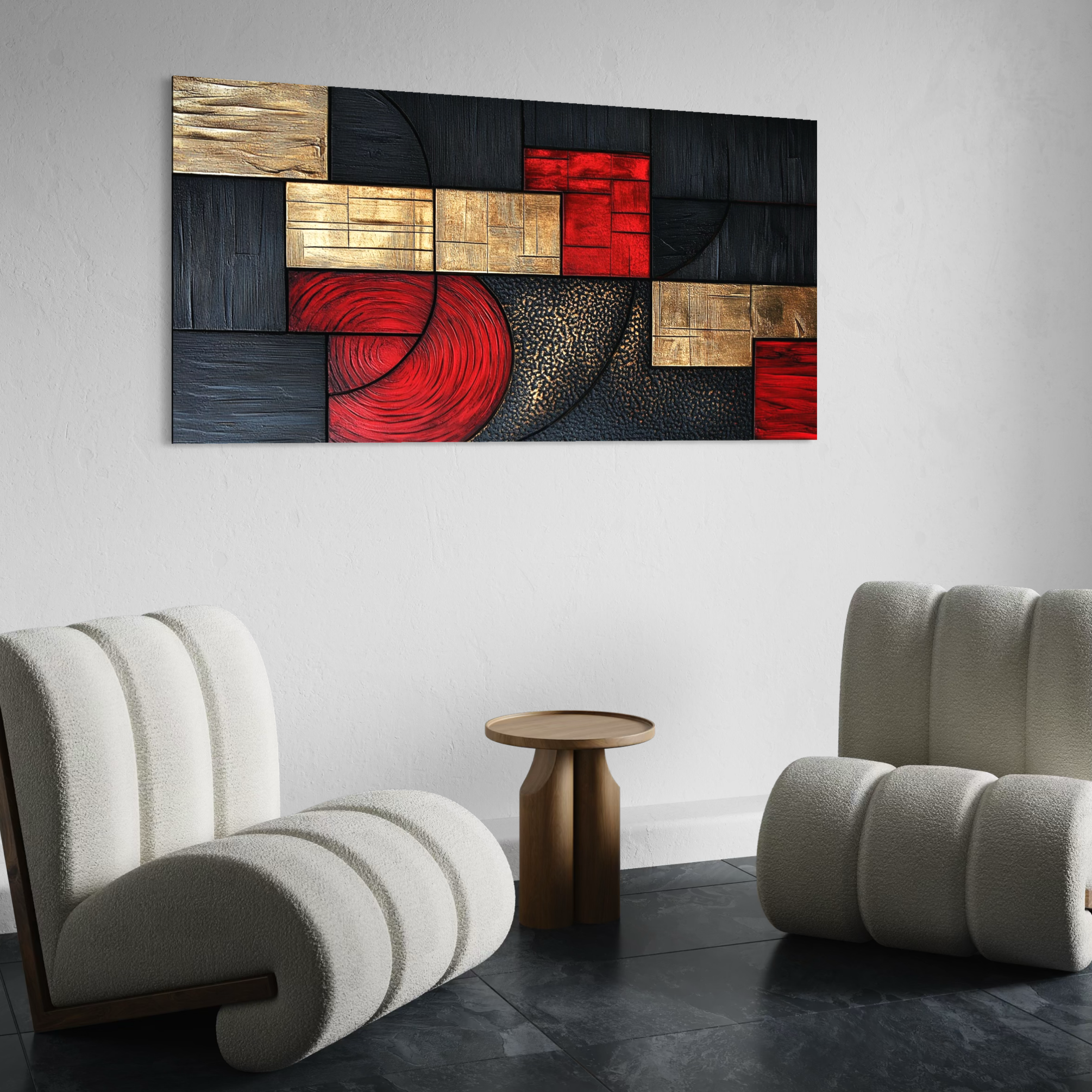 Tablou Canvas Premium, LuxCanva® C1306, Ordinea pasiunii, Geometrie, Culori, Abstract, Auriu, Rosu, Negru, Minimalism, Design, Cerc, Labirint, Dorinta, Expozitie, Arta, Birou, Living, Dormitor