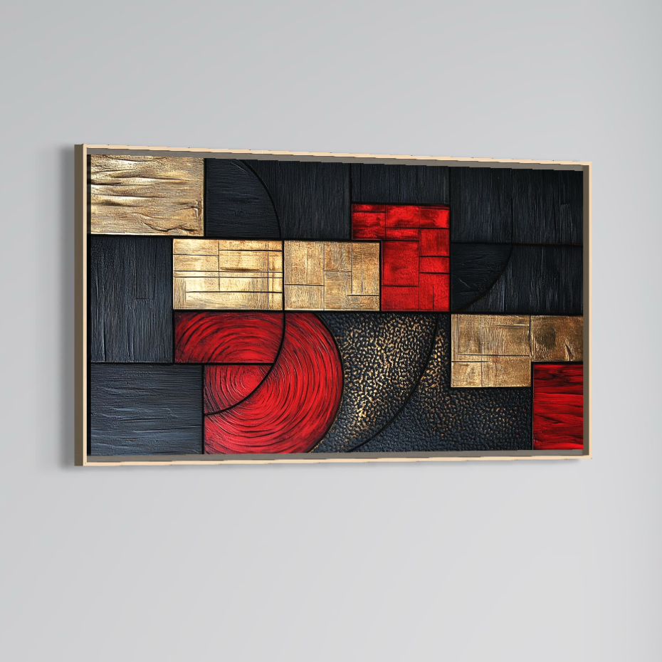 Tablou Canvas Premium, LuxCanva® C1306, Ordinea pasiunii, Geometrie, Culori, Abstract, Auriu, Rosu, Negru, Minimalism, Design, Cerc, Labirint, Dorinta, Expozitie, Arta, Birou, Living, Dormitor